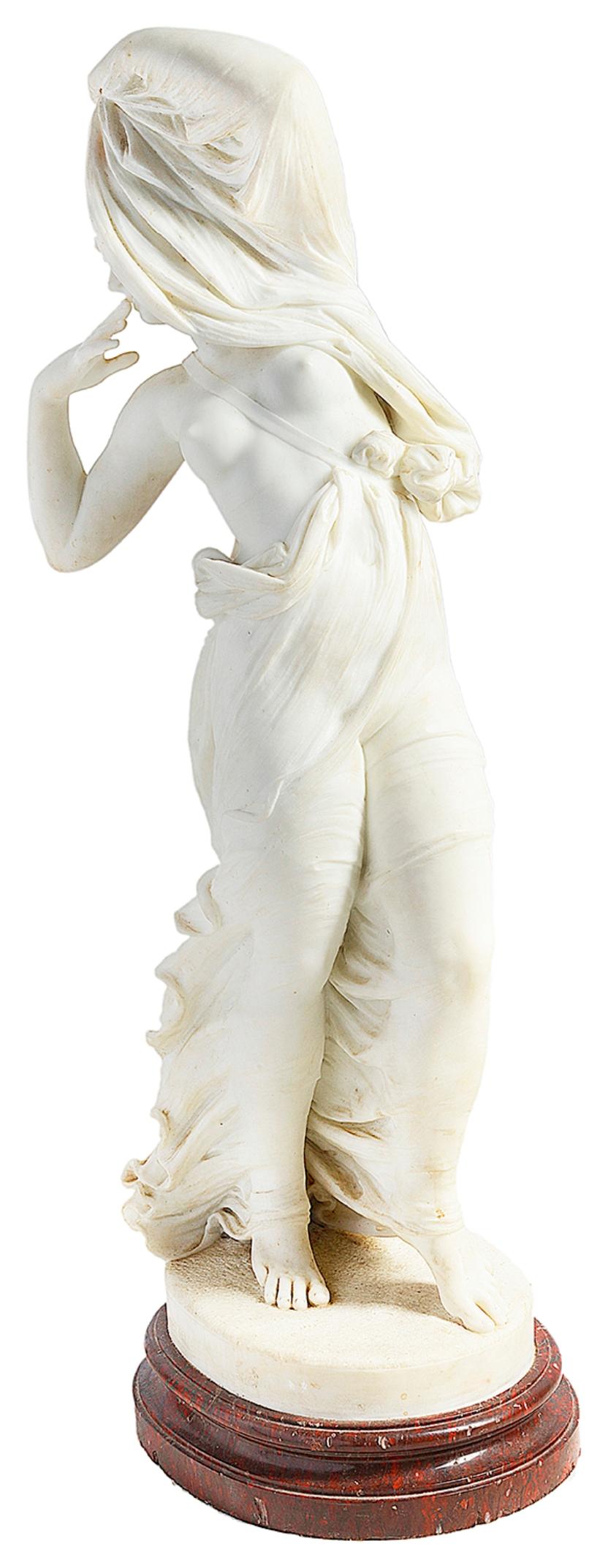 A beautifully carved 19th century marble statue of a semi clad nude female figure raised on a rouge marble base.
Signed; A.G.Lanzirotti
Antonio Giovanni Lanzirotti (May 9, 1839 – 1921) was an Italian sculptor. He was born in Palermo, where he