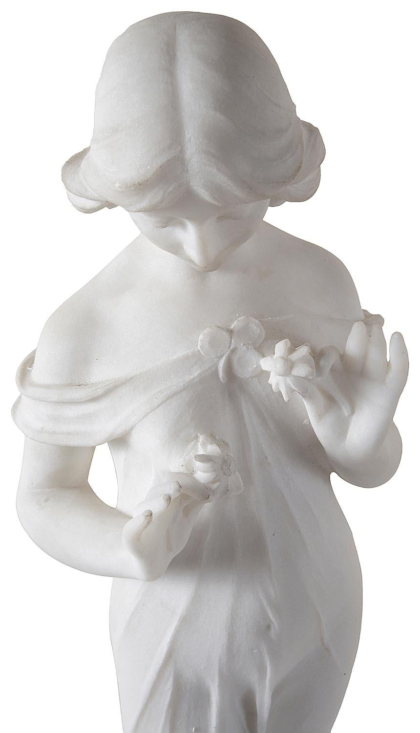 Romantic 19th Century Marble Statue of Young Girl Holding Flowers