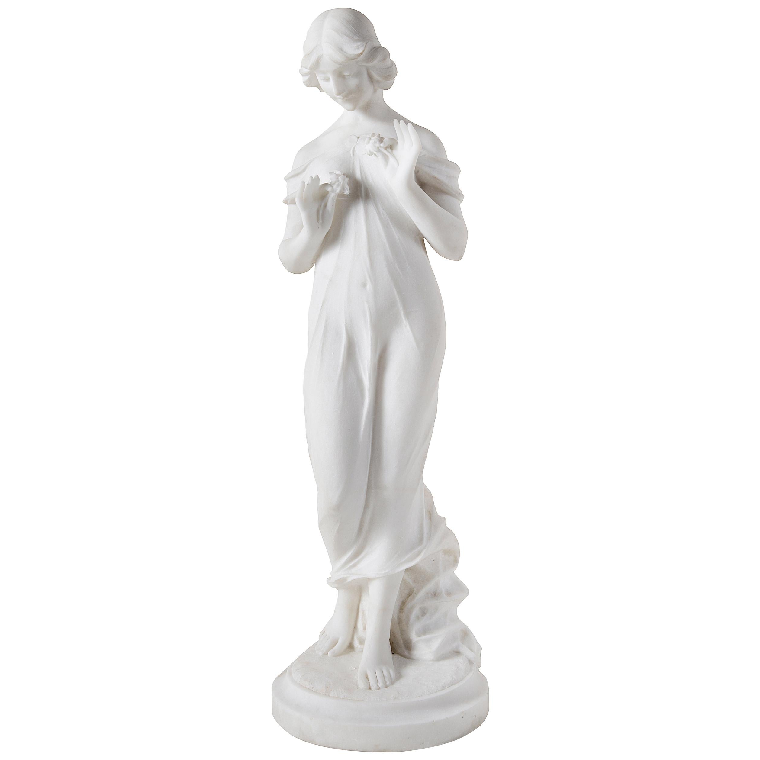 19th Century Marble Statue of Young Girl Holding Flowers