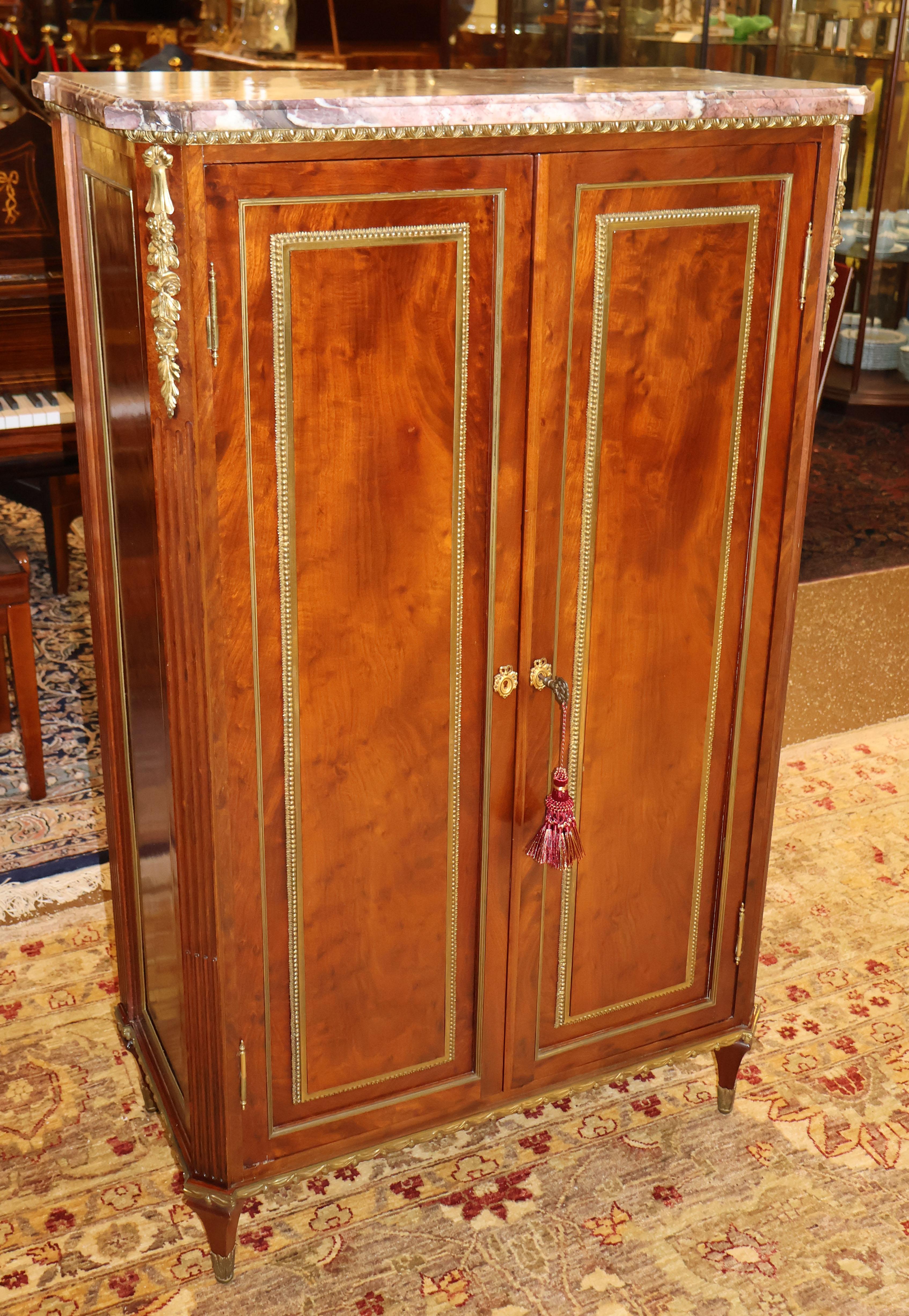 French 19th Century Marble Top Bronze & Plum Pudding Mahogany Cabinet By  L. Cueunieres For Sale