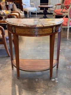 19th Century Marble Top Demi-Lune Console Table With Marquetry Frieze
