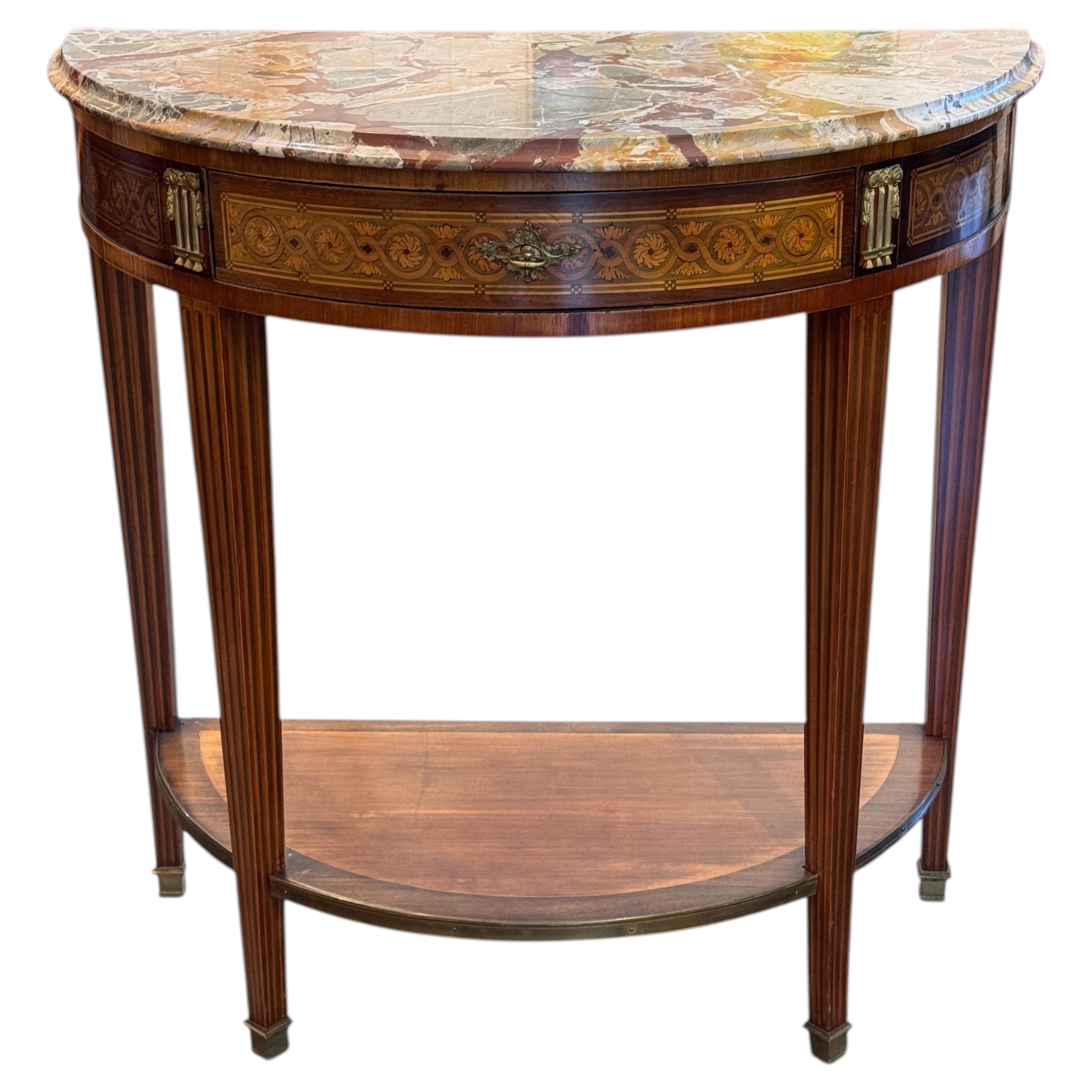 19th Century Marble Top Demi-Lune Console Table With Marquetry Frieze For Sale