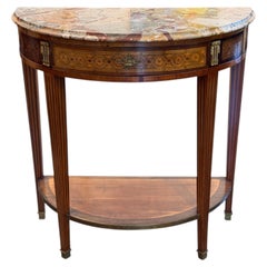 19th Century Marble Top Demi-Lune Console Table With Marquetry Frieze