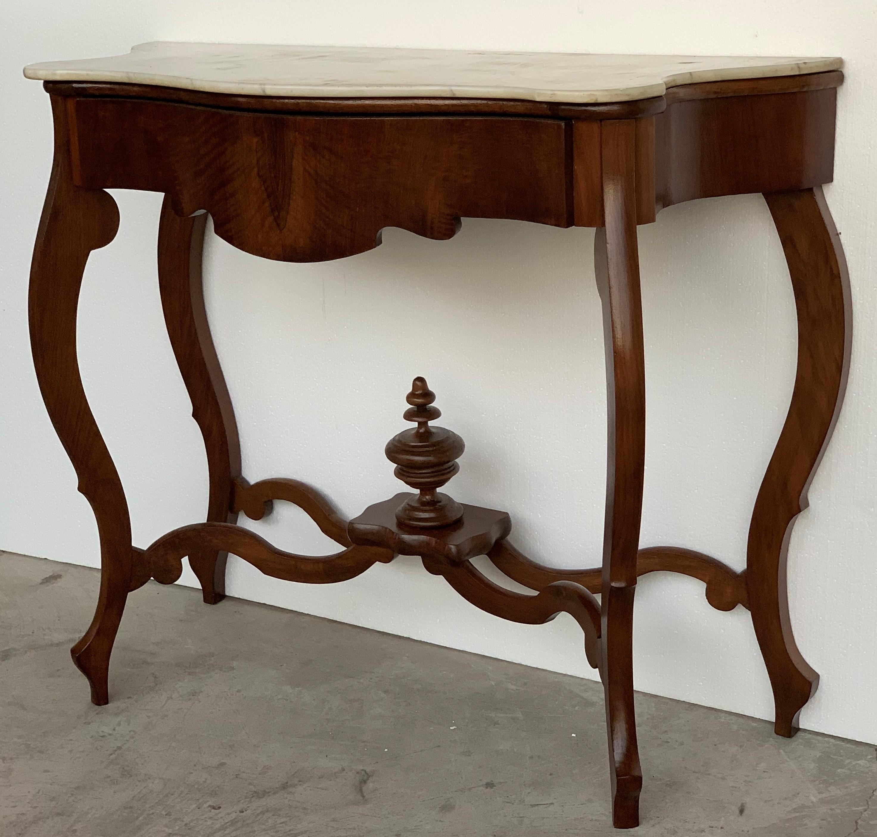 English 19th Century Marble-Top Walnut Console Table with Drawer