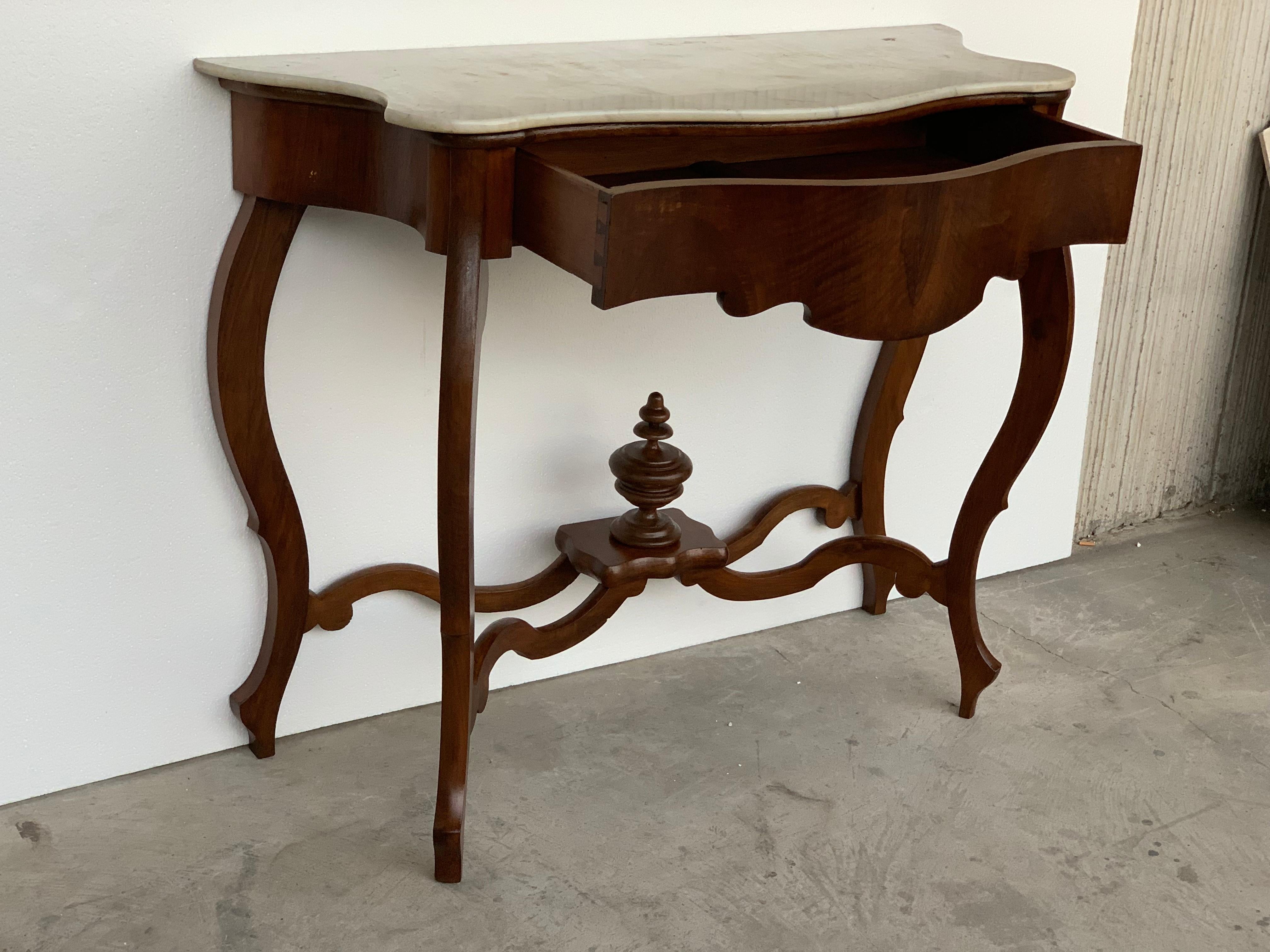 19th Century Marble-Top Walnut Console Table with Drawer 1