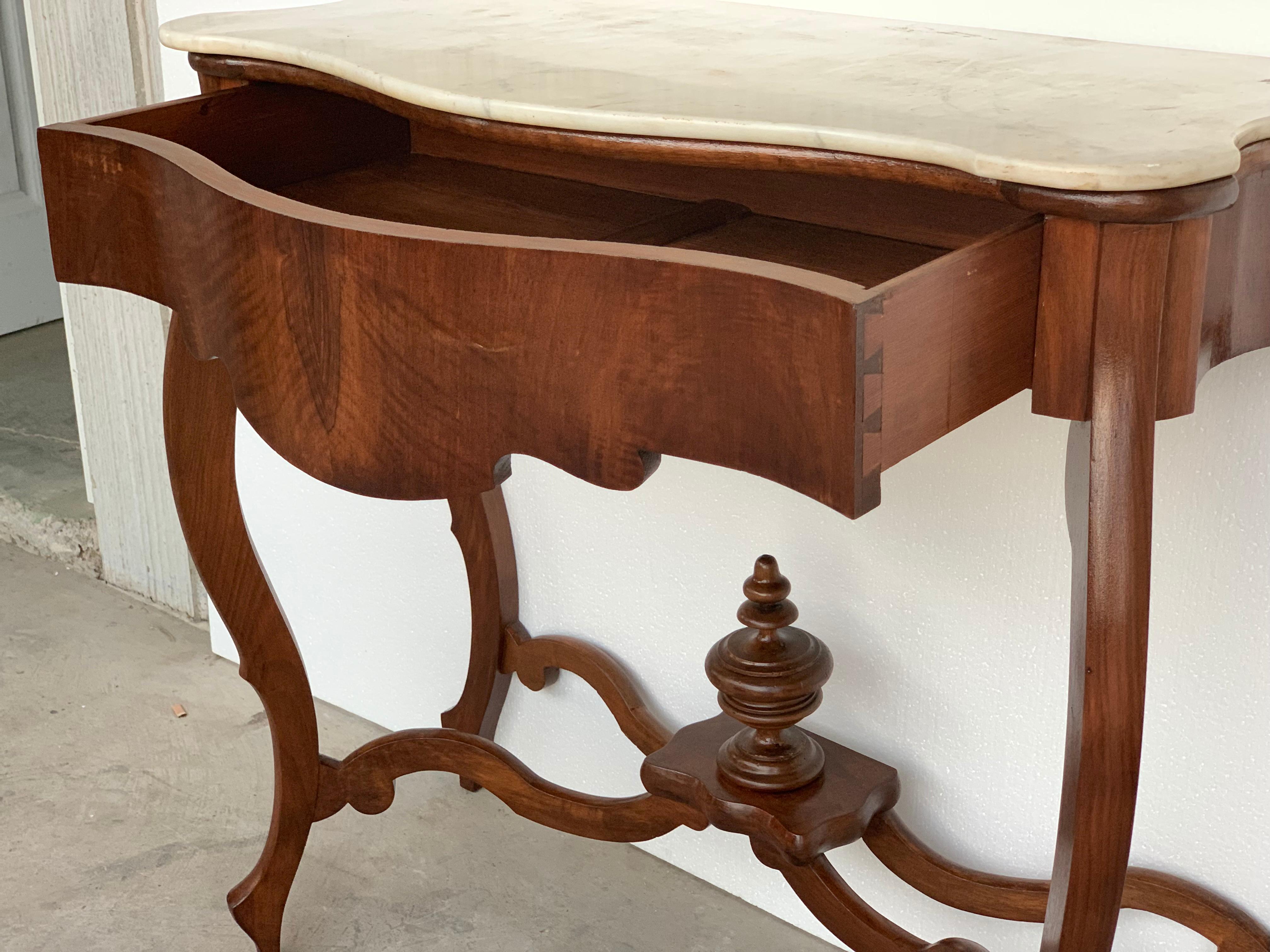 19th Century Marble-Top Walnut Console Table with Drawer 2