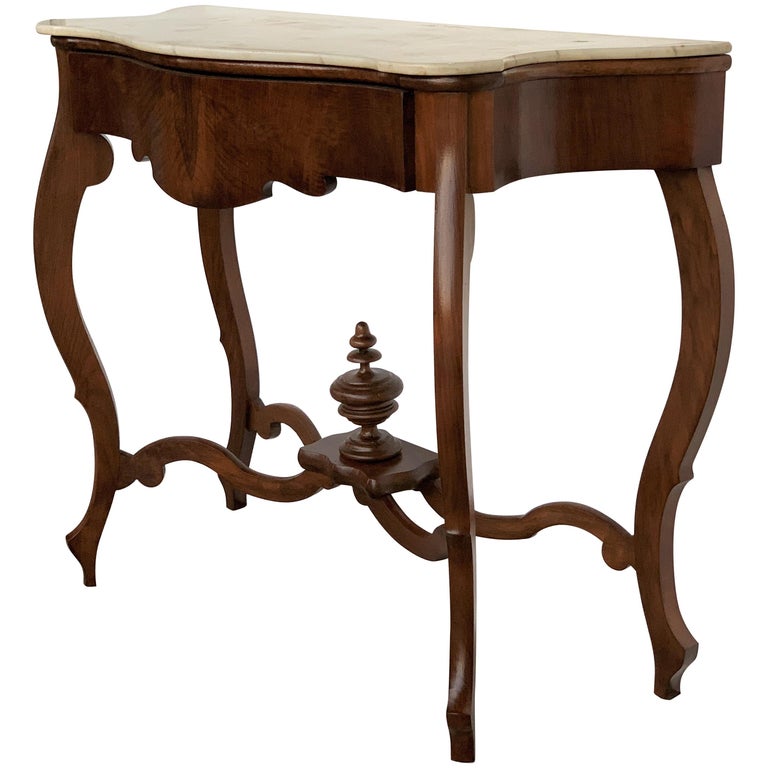 19th Century Marble Top Walnut Console Table With Drawer For Sale