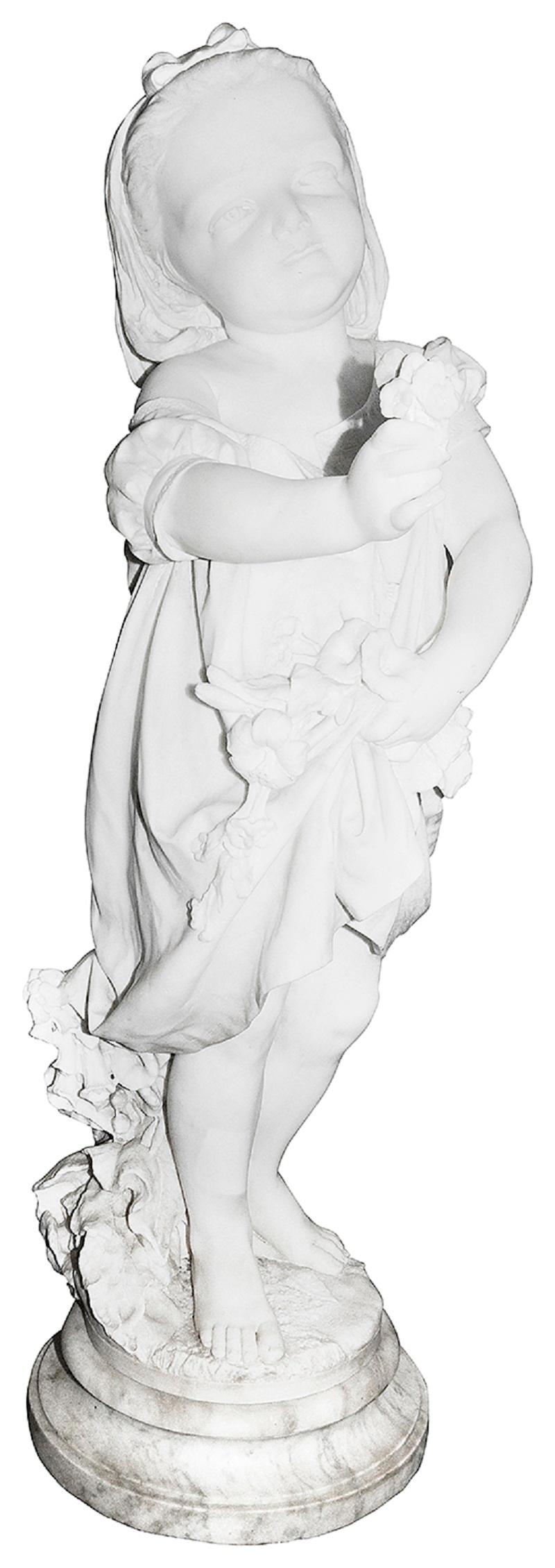 Eine hochwertige Carrera-Marmorstatue aus dem 19. Jahrhundert mit einem jungen Mädchen, das eine Blume hält, ein hübsches Kleid trägt und lächelt.
Signiert auf dem Sockel; P. DELLA VEDOVA 1870
PIETRO DELLA VEDOVA (ITALIENISCH, 1831-1899):

Charge 78