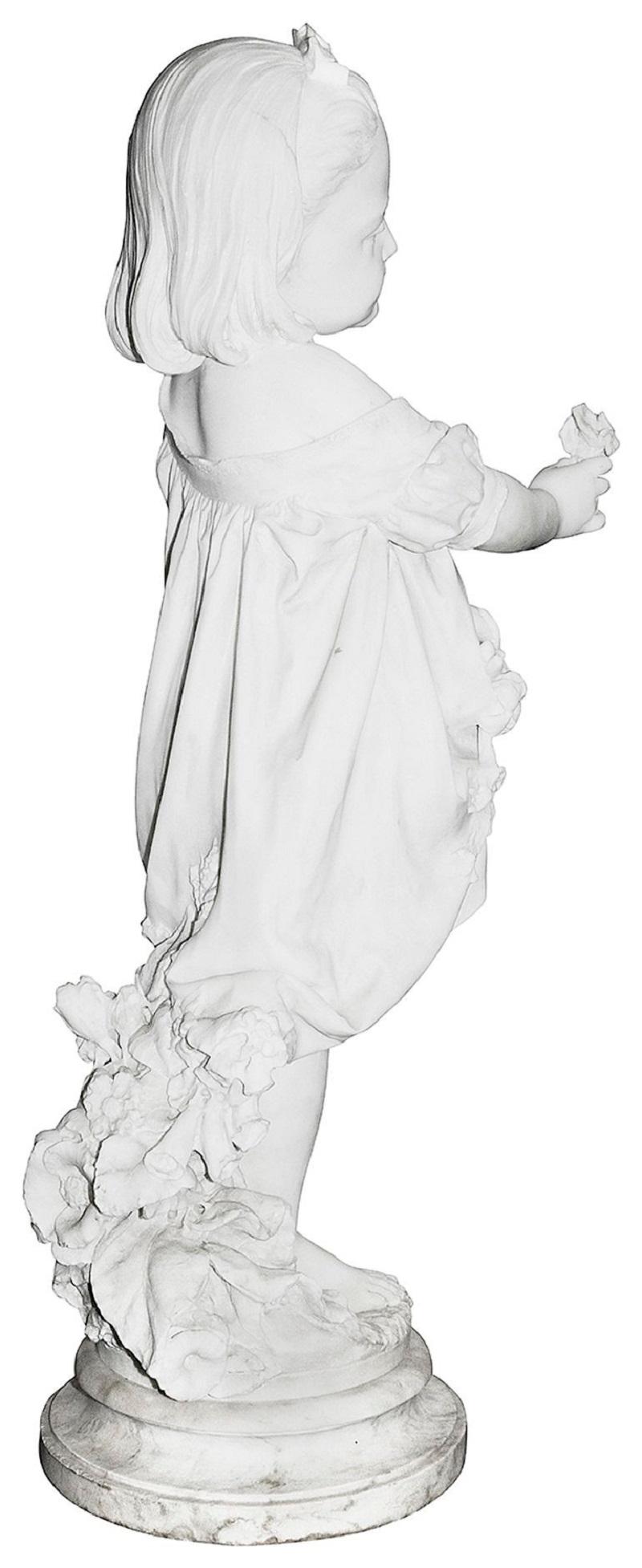 Hand-Carved 19th Century Marble young girl holding a flower. Signed; P. Della Vedova For Sale