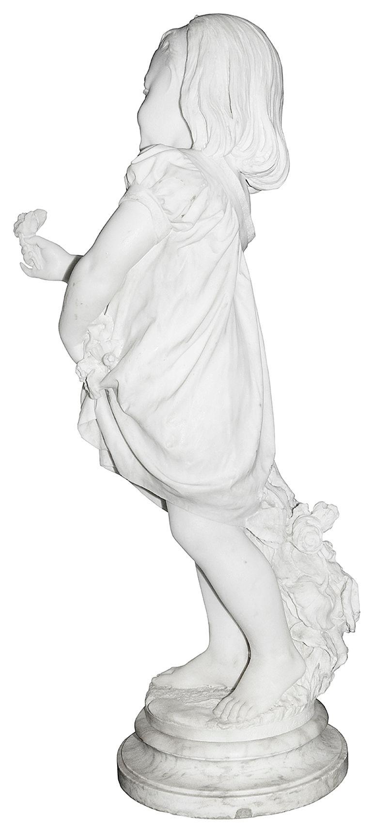 19th Century Marble young girl holding a flower. Signed; P. Della Vedova For Sale 1