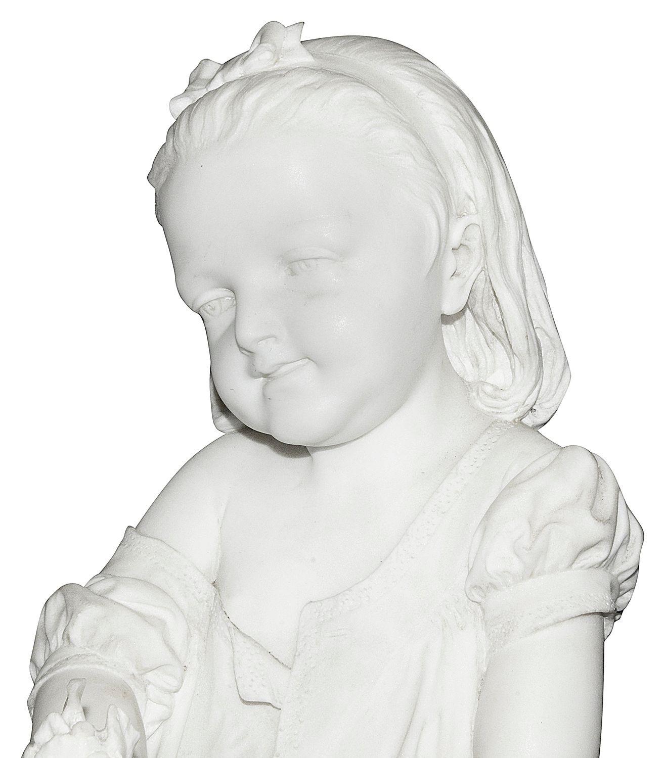 19th Century Marble young girl holding a flower. Signed; P. Della Vedova For Sale 2