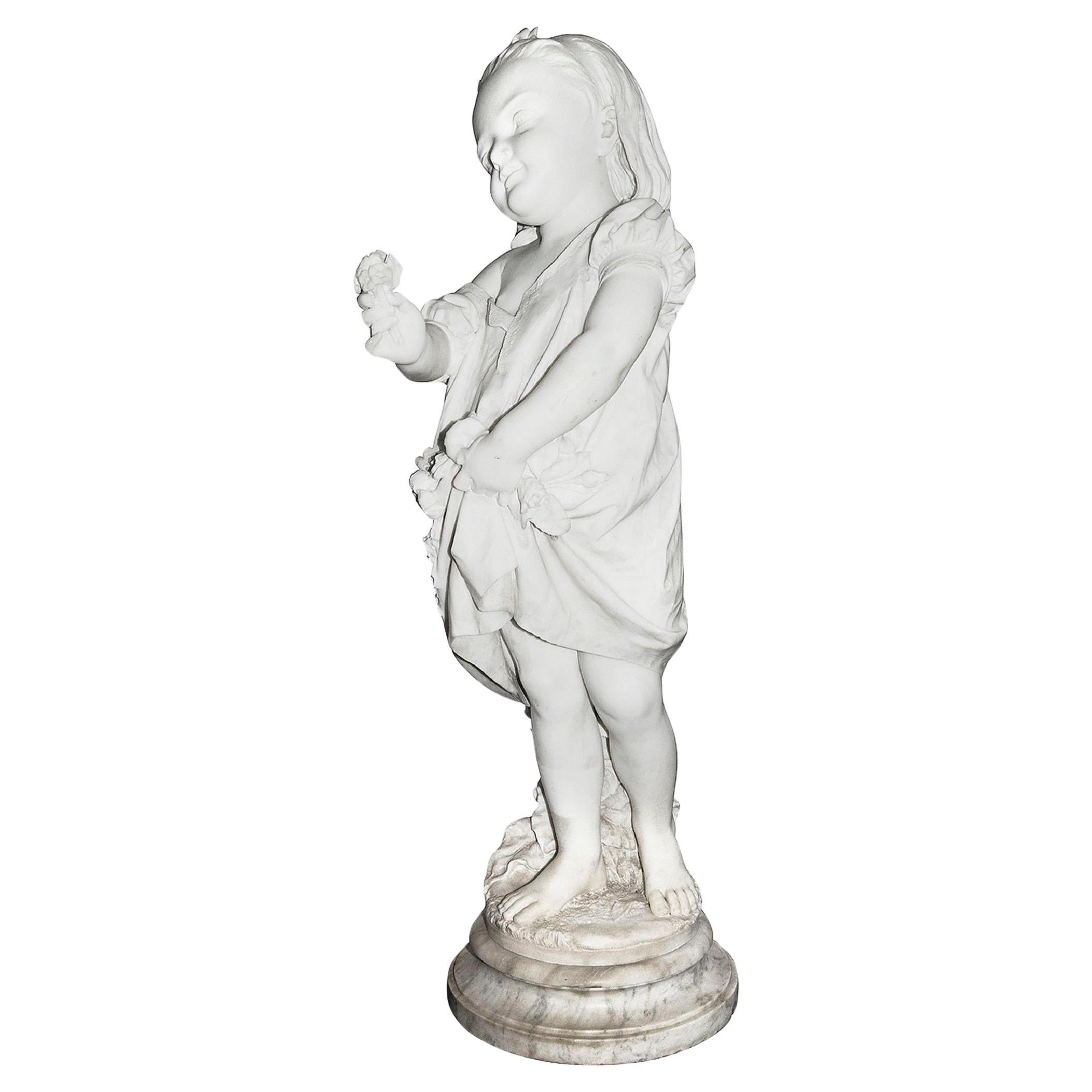 19th Century Marble young girl holding a flower. Signed; P. Della Vedova For Sale