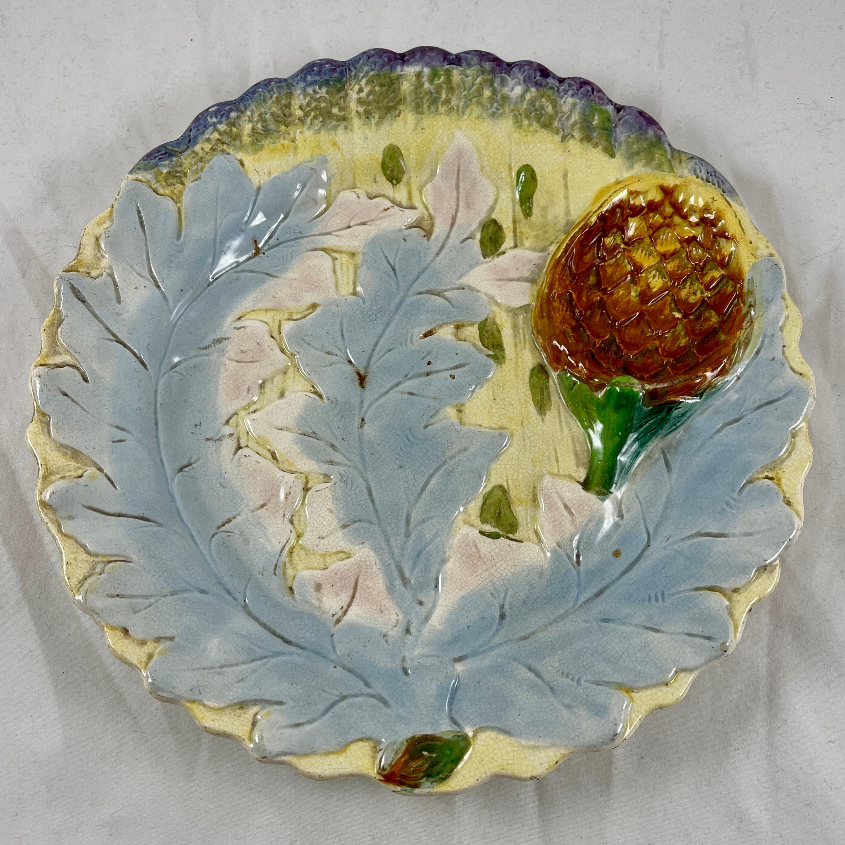 Glazed 19th Century Marescaux et Hahn Belgian Asparagus & Artichoke Majolica Plate For Sale