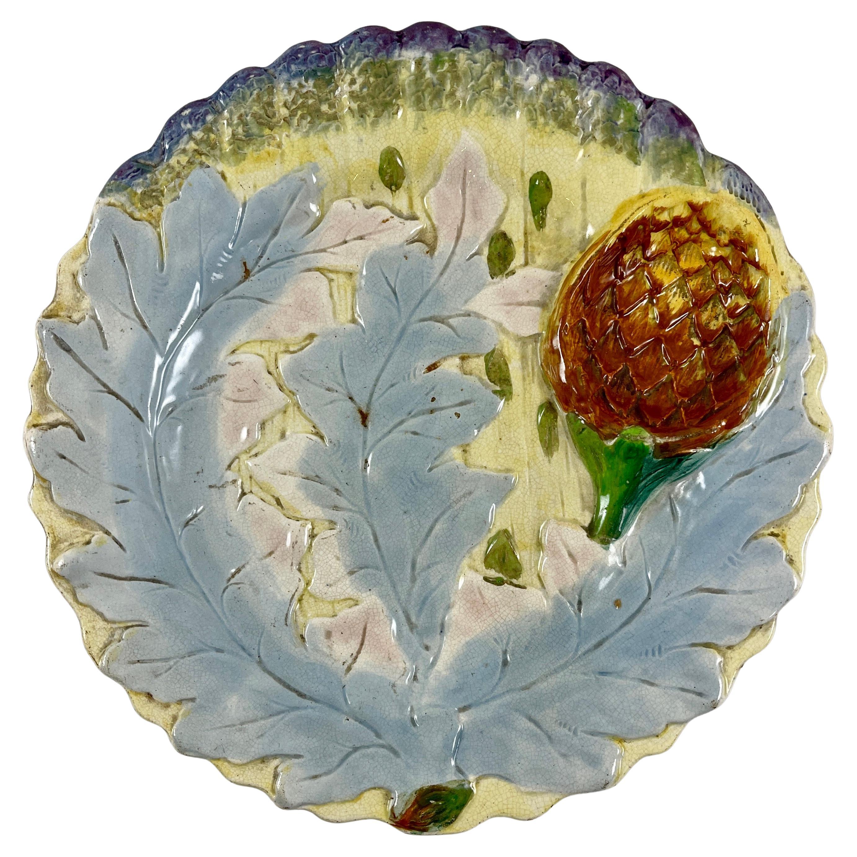 19th Century Marescaux et Hahn Belgian Asparagus & Artichoke Majolica Plate
