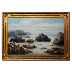 19th Century Marina with Cliff Painting Oil on Canvas