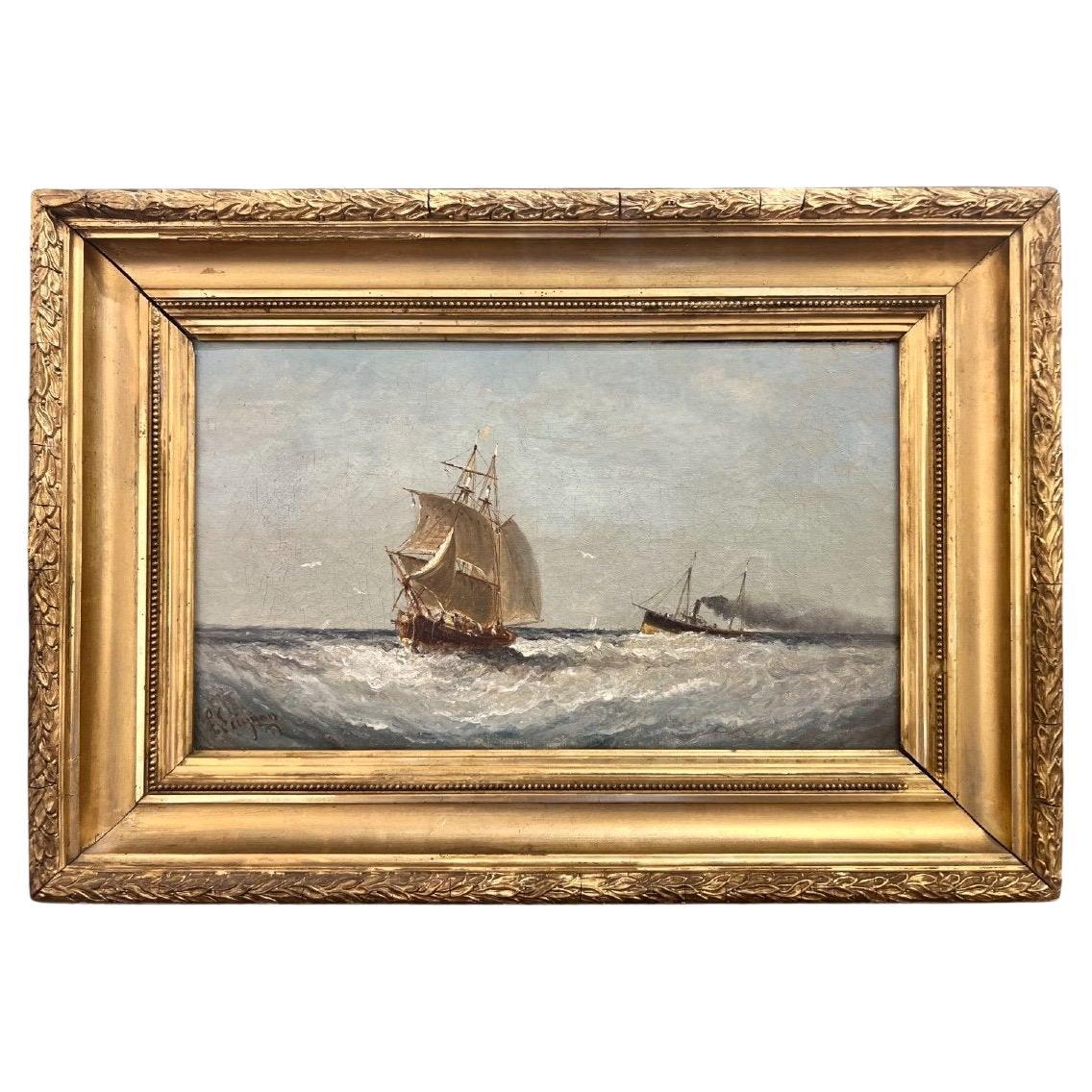 19th Century Marine Oil-on-Canvas Painting by Paul Seignon (1820-1890). 