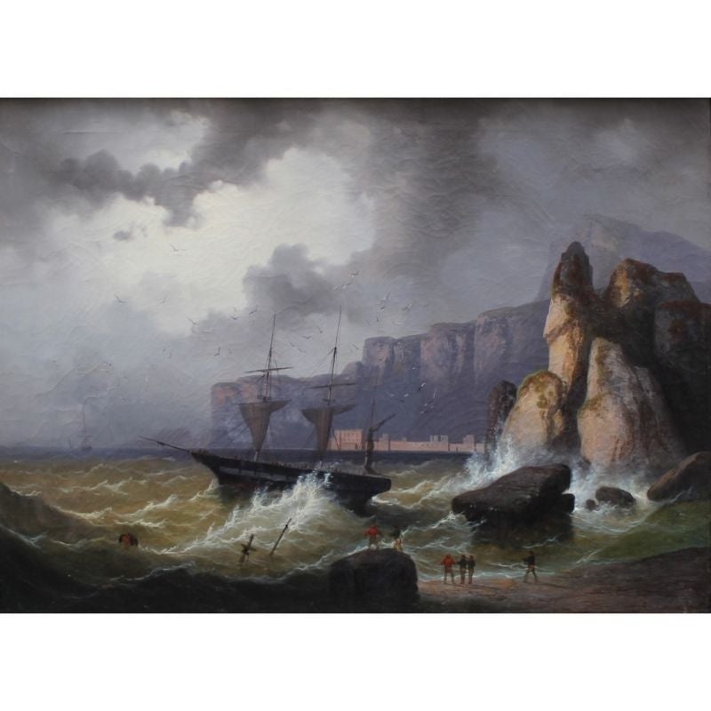 XIXe siècle

Vue de Marin

Huile sur toile, 74,5 x 100,5 cm

Cadre 100 x 126 cm

L'arrivée de l'orage est annoncée sur le côté gauche de la toile par la présence de nuages de pluie à l'horizon. Les vagues, qui se brisent contre les côtes