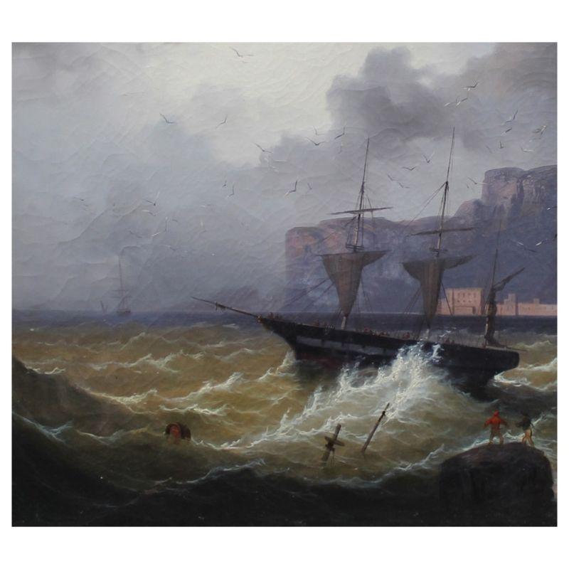italien Peinture de vue marine du 19me sicle Huile sur toile en vente
