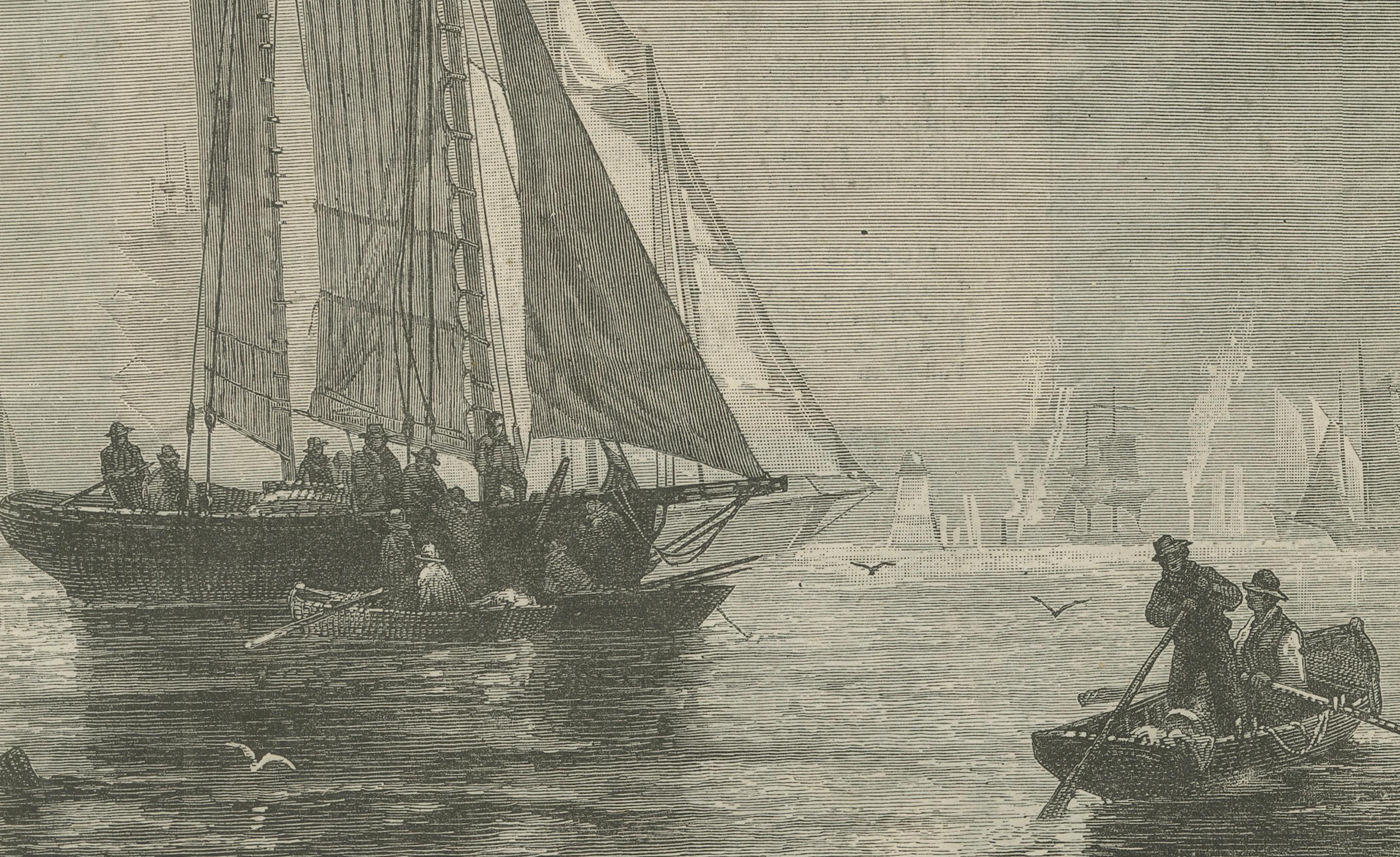Maritimer Kupferstich des 19. Jahrhunderts - Fischerboote und Ruderer auf See

Dieser stimmungsvolle maritime Stich aus dem 19. Jahrhundert zeigt eine lebhafte Küstenszene mit zwei Fischerbooten unter Segeln und einem kleinen Ruderboot mit Figuren,
