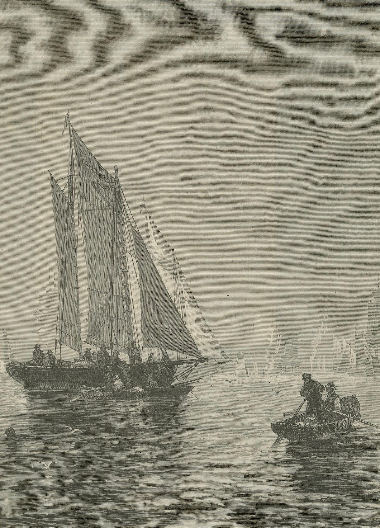 Maritimer Kupferstich des 19. Jahrhunderts - Fischerboote und Ruderer auf See (Europäisch) im Angebot
