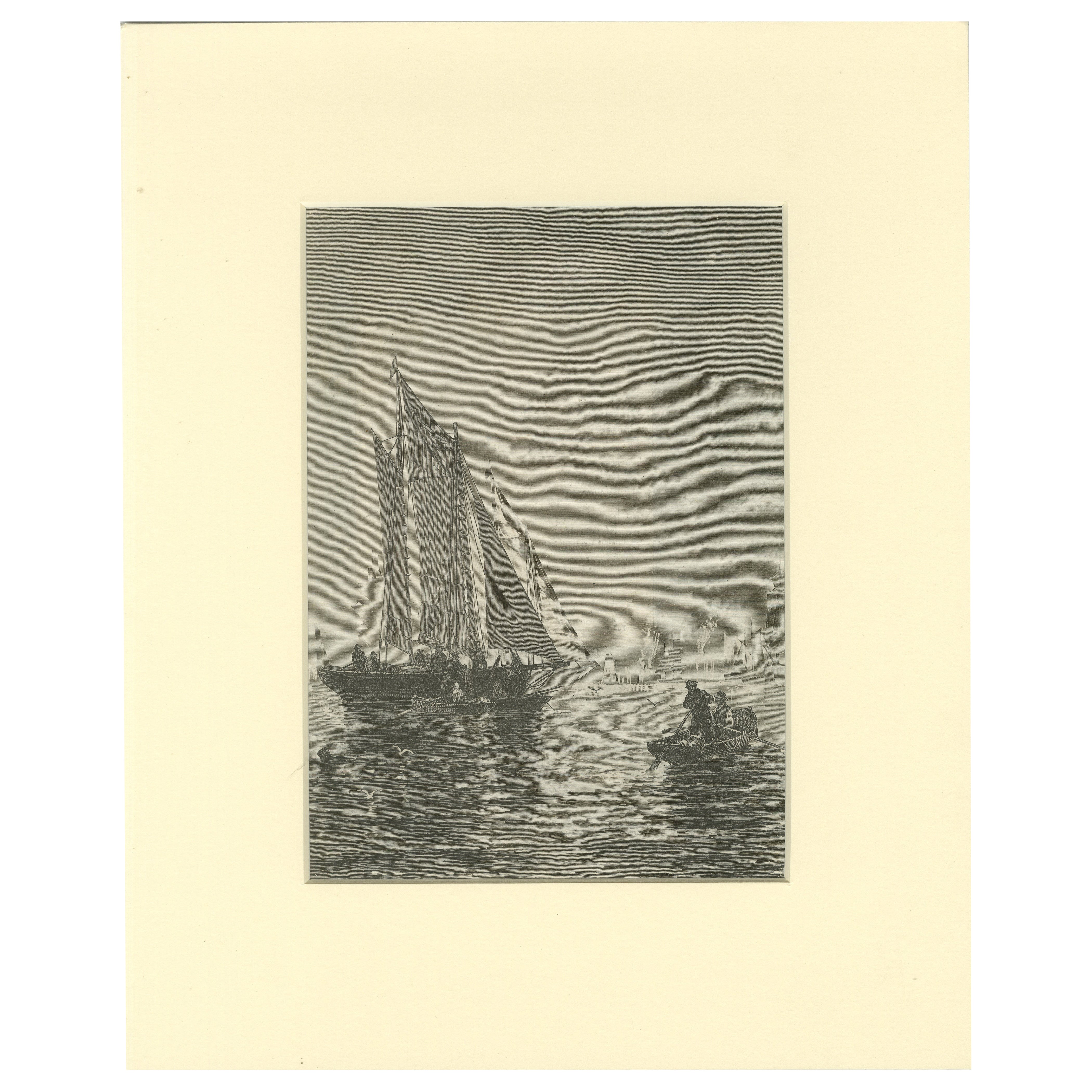 19th-Century Maritime Engraving – Fishing Boats and Rowers at Sea
