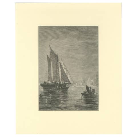 19th-Century Maritime Engraving – Fishing Boats and Rowers at Sea