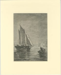 19th-Century Maritime Engraving – Fishing Boats and Rowers at Sea