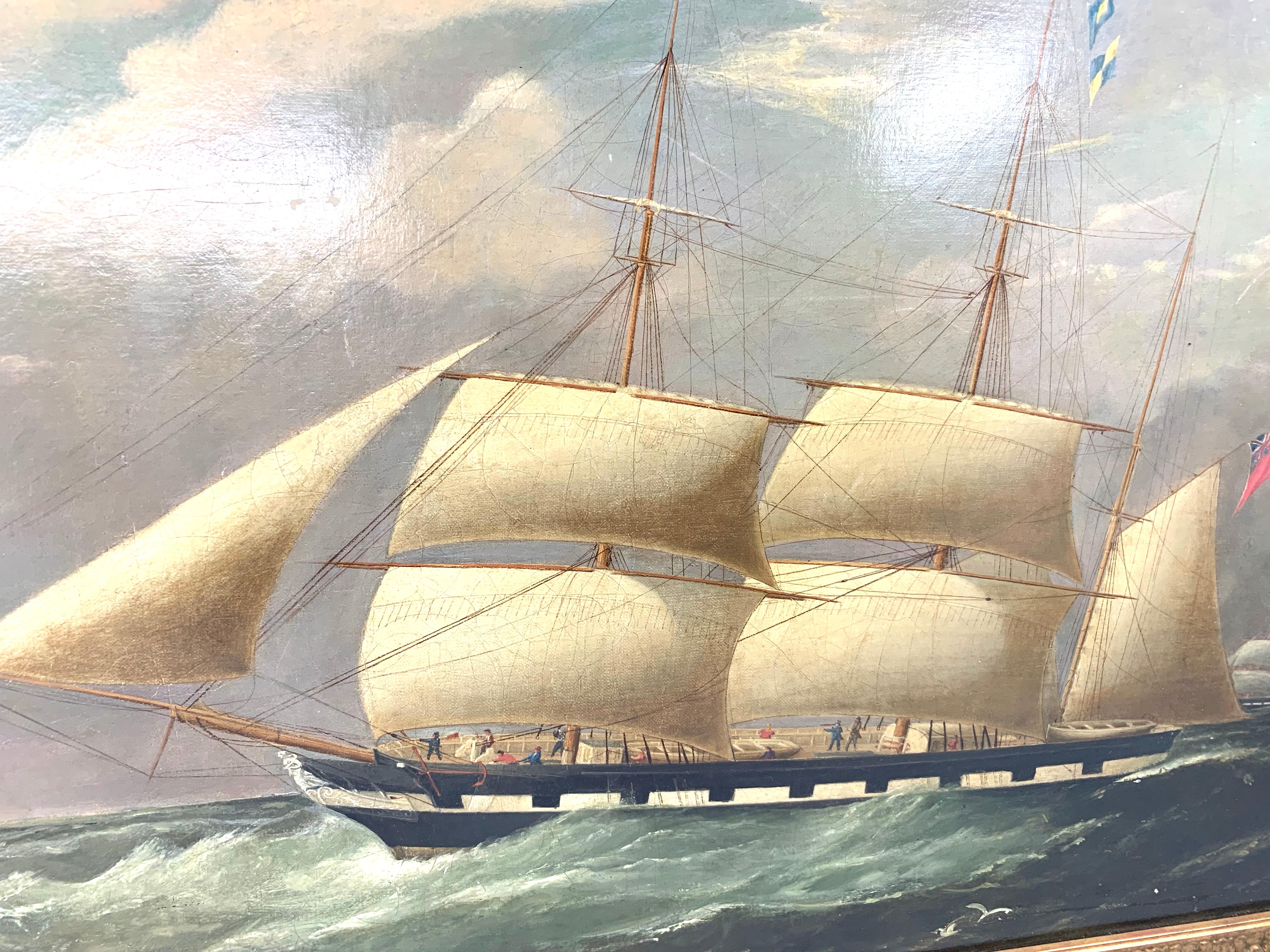 Hand-Painted 19th Century Maritime Oil on Canvas of a Ship 