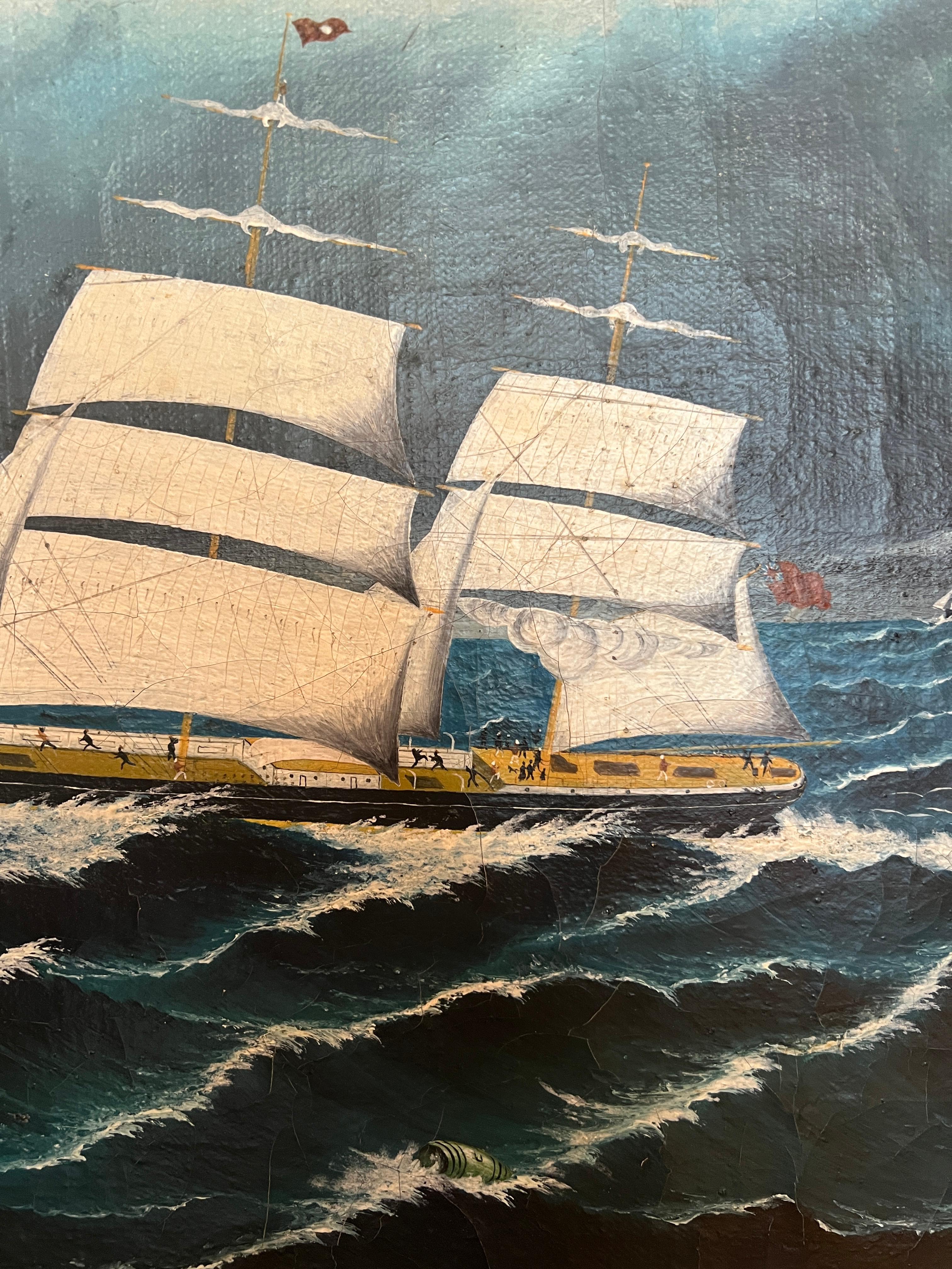 This large 19th-century maritime oil painting captures a majestic clipper ship battling turbulent seas under a dramatic stormy sky. The ship’s detailed rigging, billowing sails, and dynamic ocean waves highlight the artist’s masterful technique,