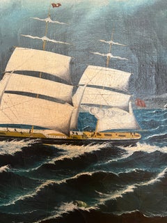 19th-Century Maritime Oil Painting of a Clipper Ship in Burled Wood & Gilt Frame