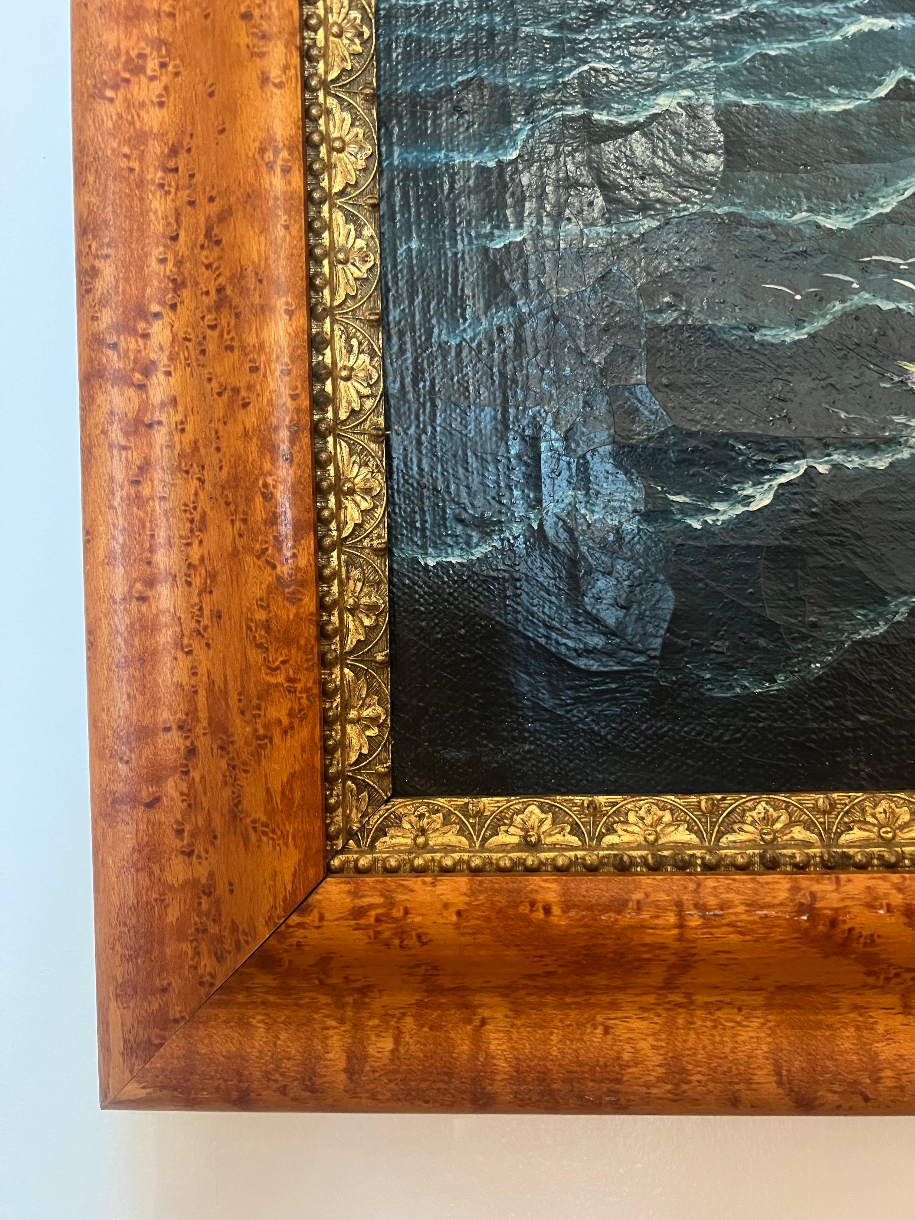 Brass 19th-Century Maritime Oil Painting of a Clipper Ship in Burled Wood & Gilt Frame For Sale