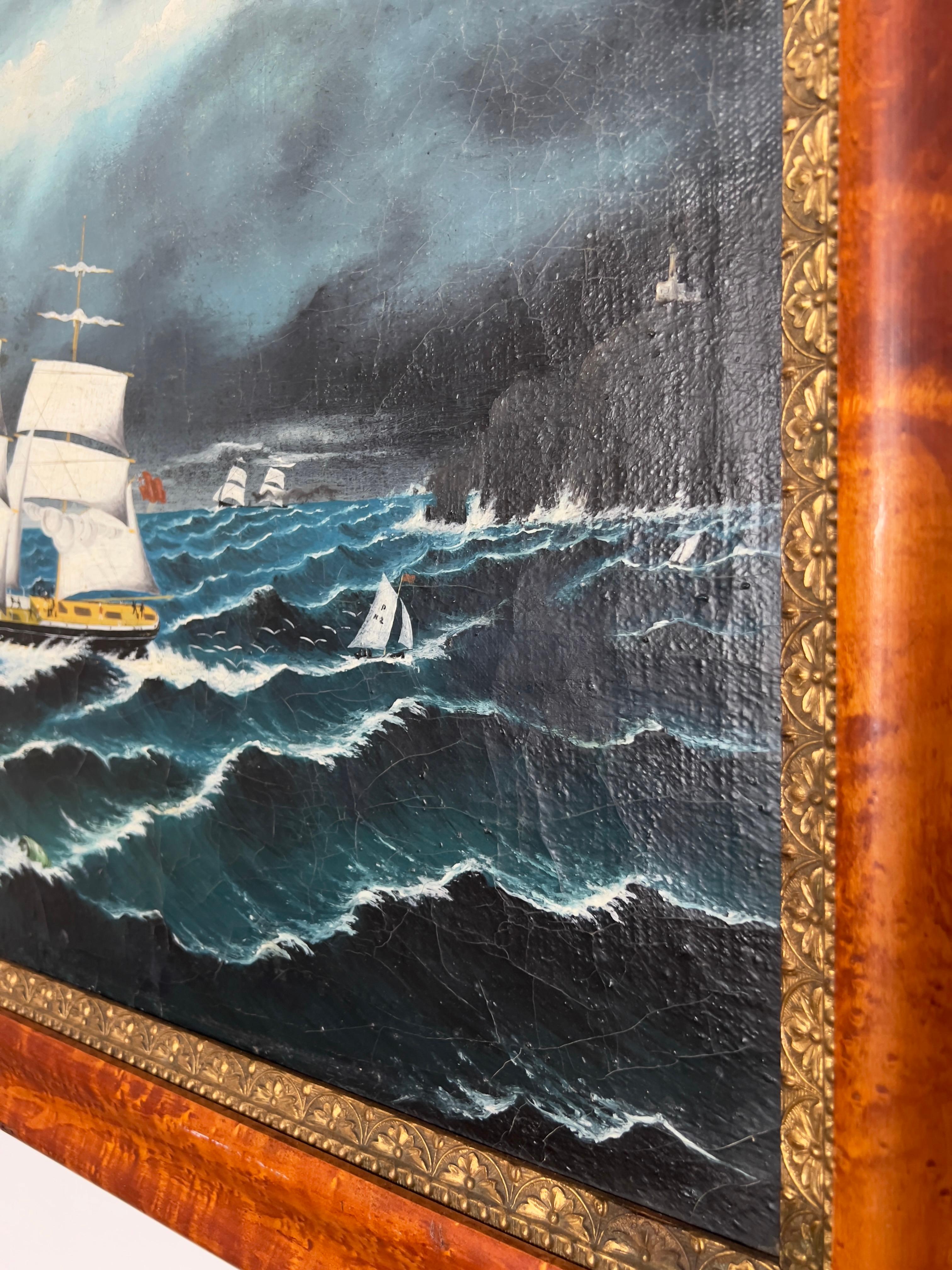 19th-Century Maritime Oil Painting of a Clipper Ship in Burled Wood & Gilt Frame For Sale 1