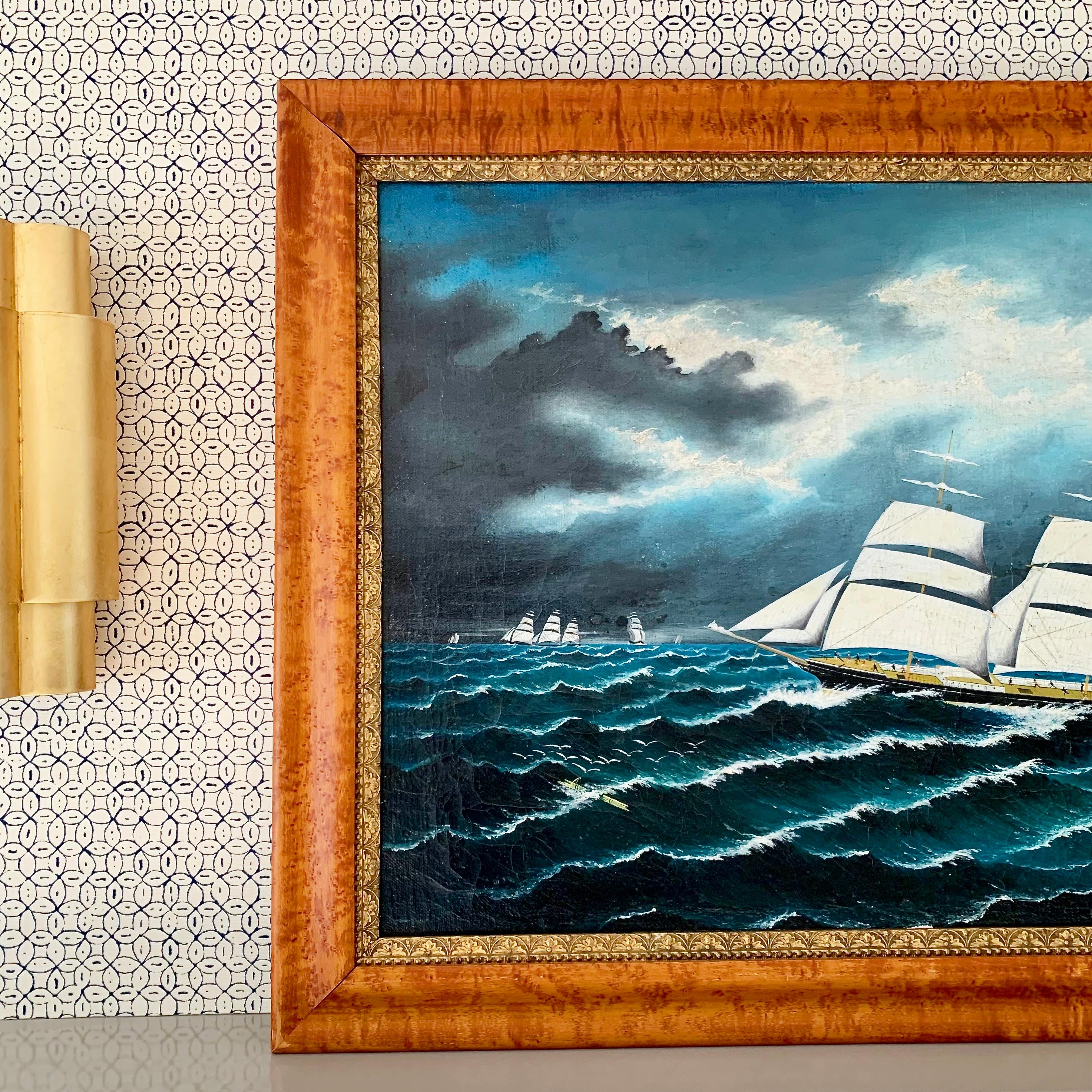 19th-Century Maritime Oil Painting of a Clipper Ship in Burled Wood & Gilt Frame For Sale 2