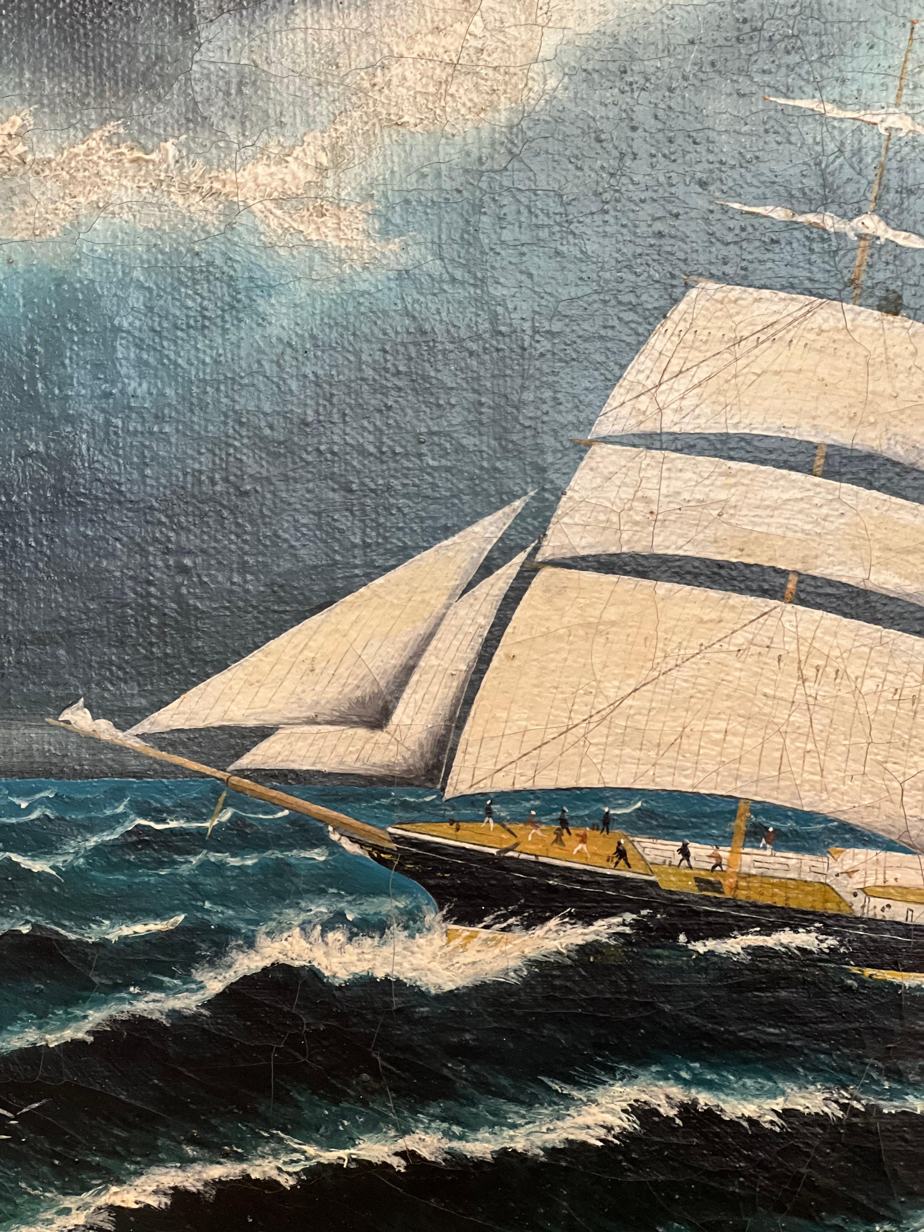 Hand-Painted 19th-Century Maritime Oil Painting of a Clipper Ship in Burled Wood & Gilt Frame For Sale