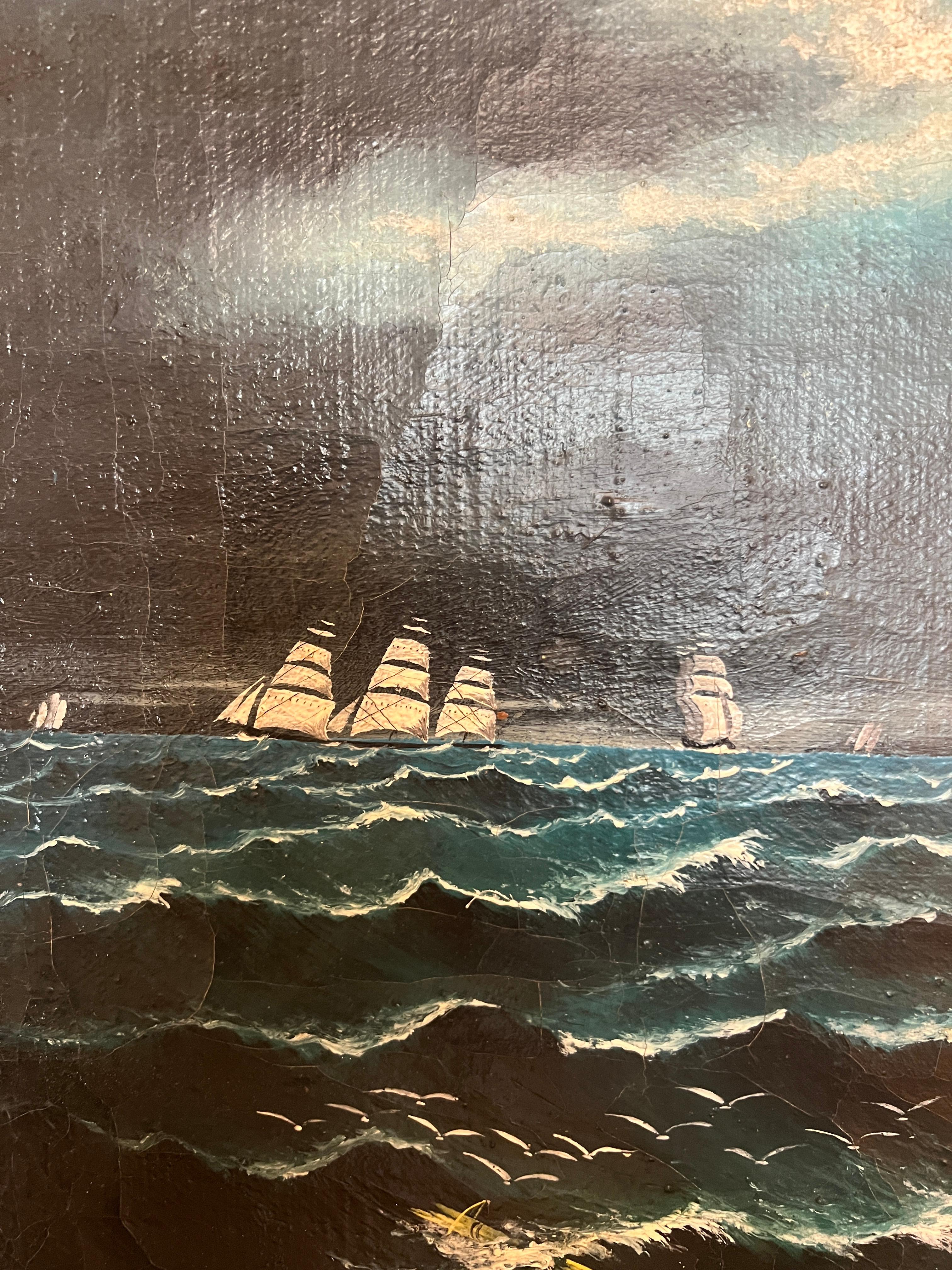 19th-Century Maritime Oil Painting of a Clipper Ship in Burled Wood & Gilt Frame In Good Condition For Sale In Black Rock, CT