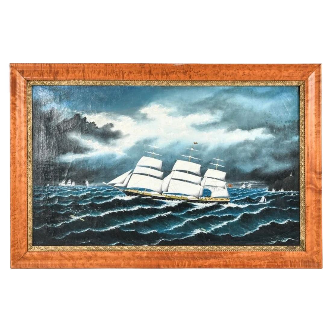 19th-Century Maritime Oil Painting of a Clipper Ship in Burled Wood & Gilt Frame