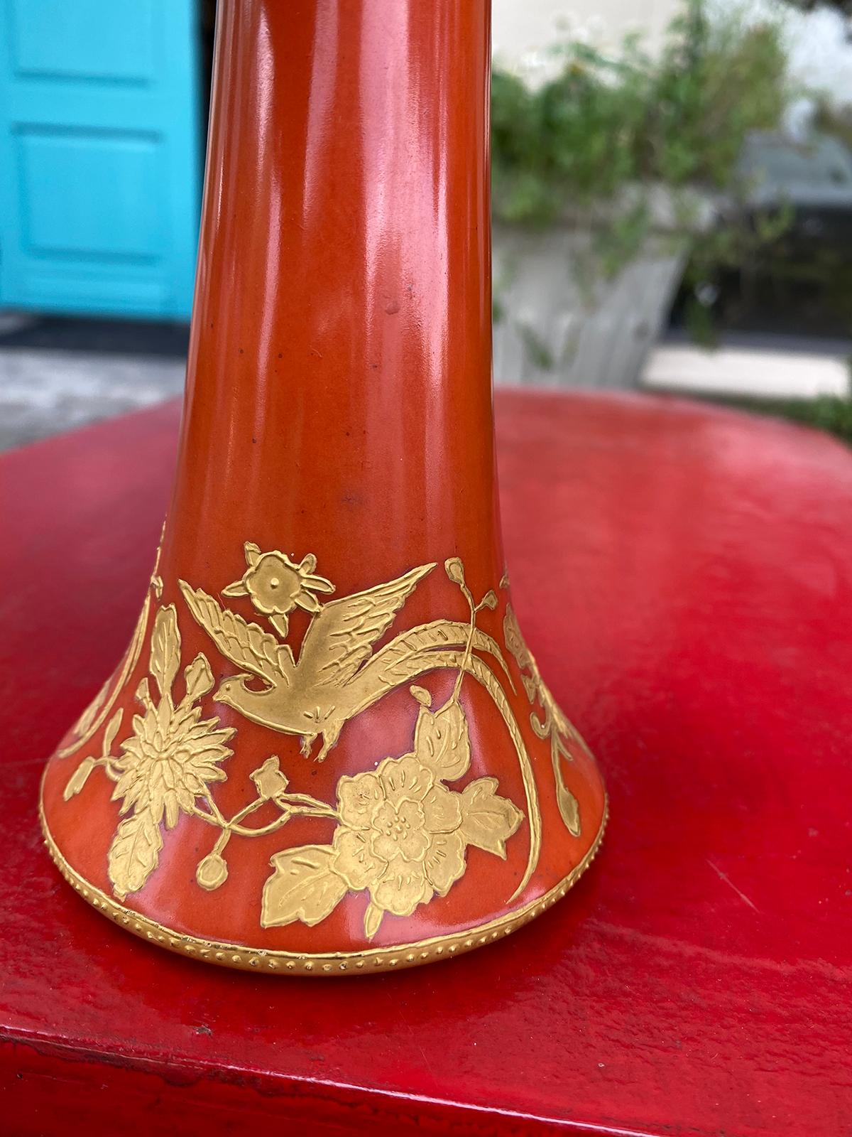 19th Century Marked Fraunfelter China Orange and Gold Porcelain Trumpet Vase For Sale 3