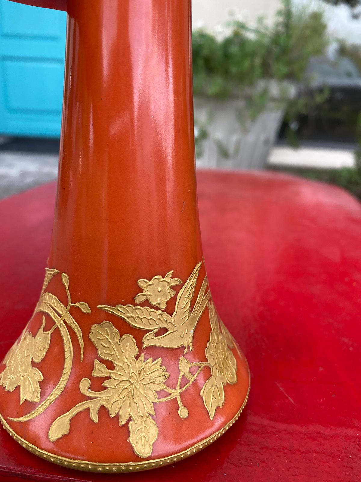 19th Century Marked Fraunfelter China Orange and Gold Porcelain Trumpet Vase For Sale 4