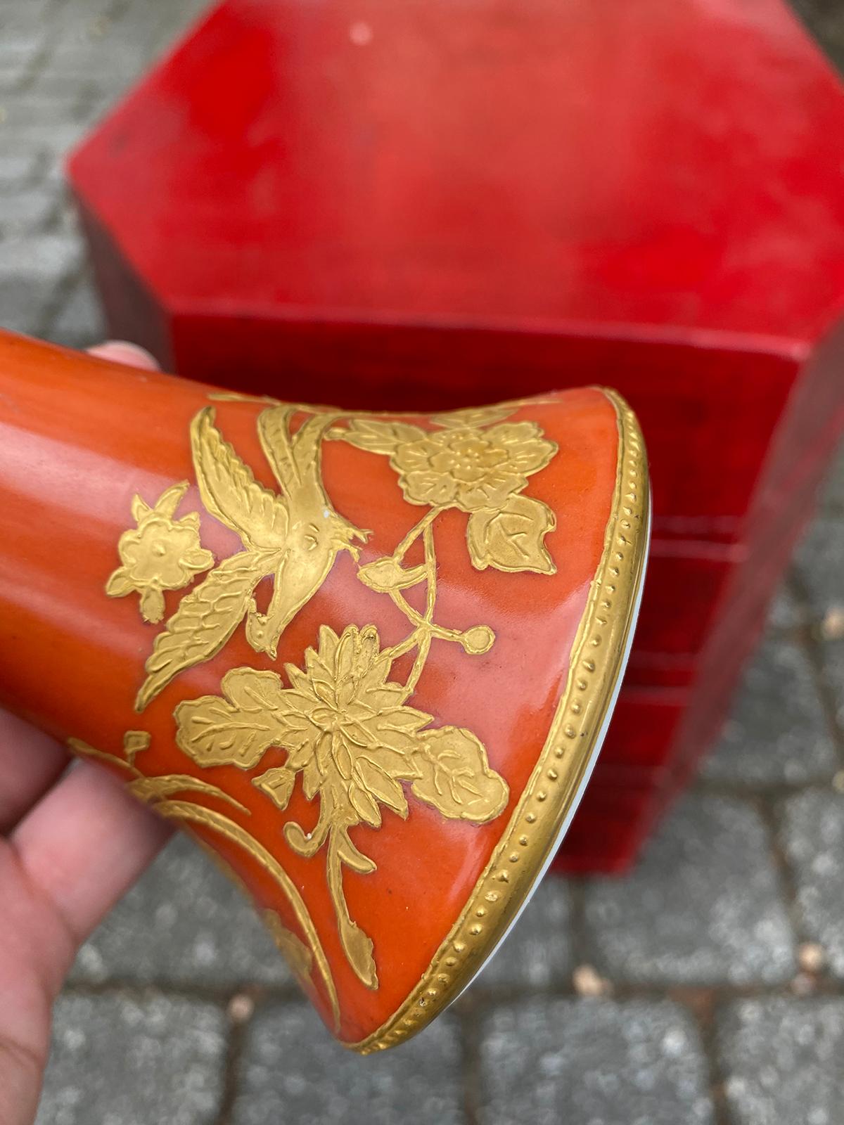 19th Century Marked Fraunfelter China Orange and Gold Porcelain Trumpet Vase For Sale 5