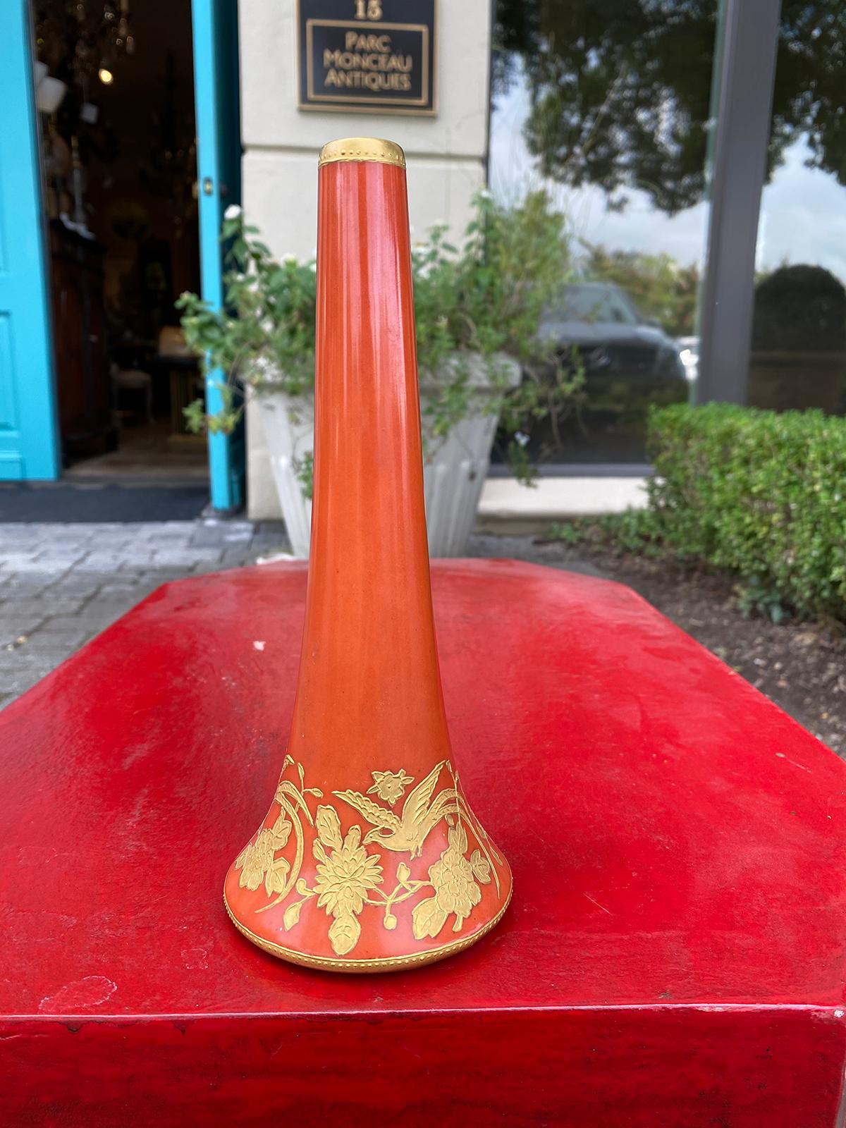 American 19th century marked Fraunfelter China orange and gold porcelain trumpet vase or bud vase. Marked 98.