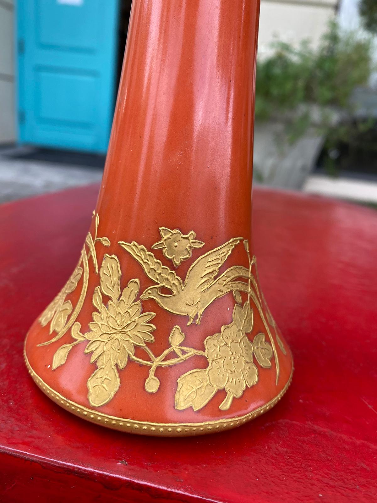 19th Century Marked Fraunfelter China Orange and Gold Porcelain Trumpet Vase For Sale 1
