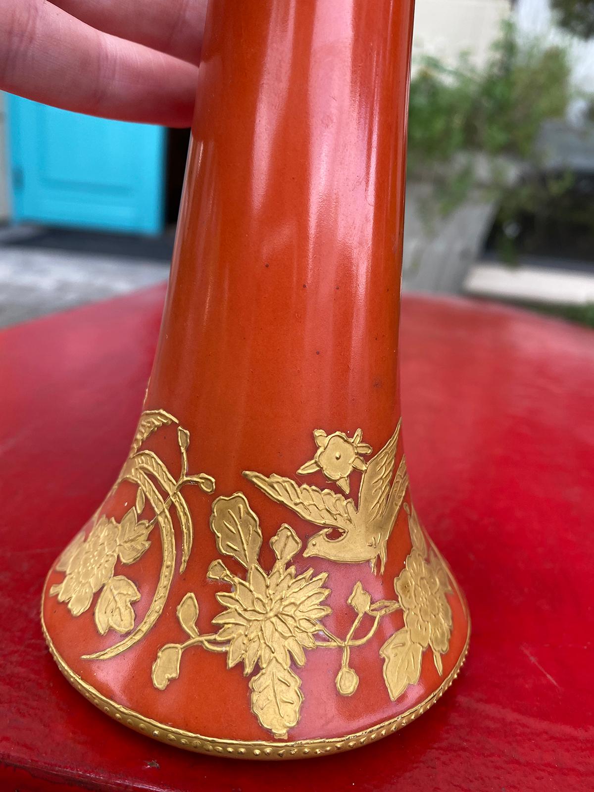 19th Century Marked Fraunfelter China Orange and Gold Porcelain Trumpet Vase For Sale 2