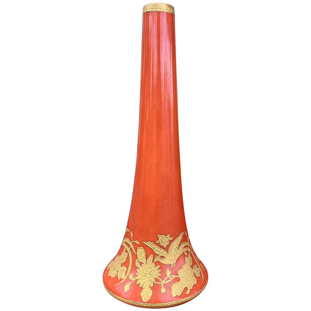 19th Century Marked Fraunfelter China Orange and Gold Porcelain Trumpet Vase For Sale