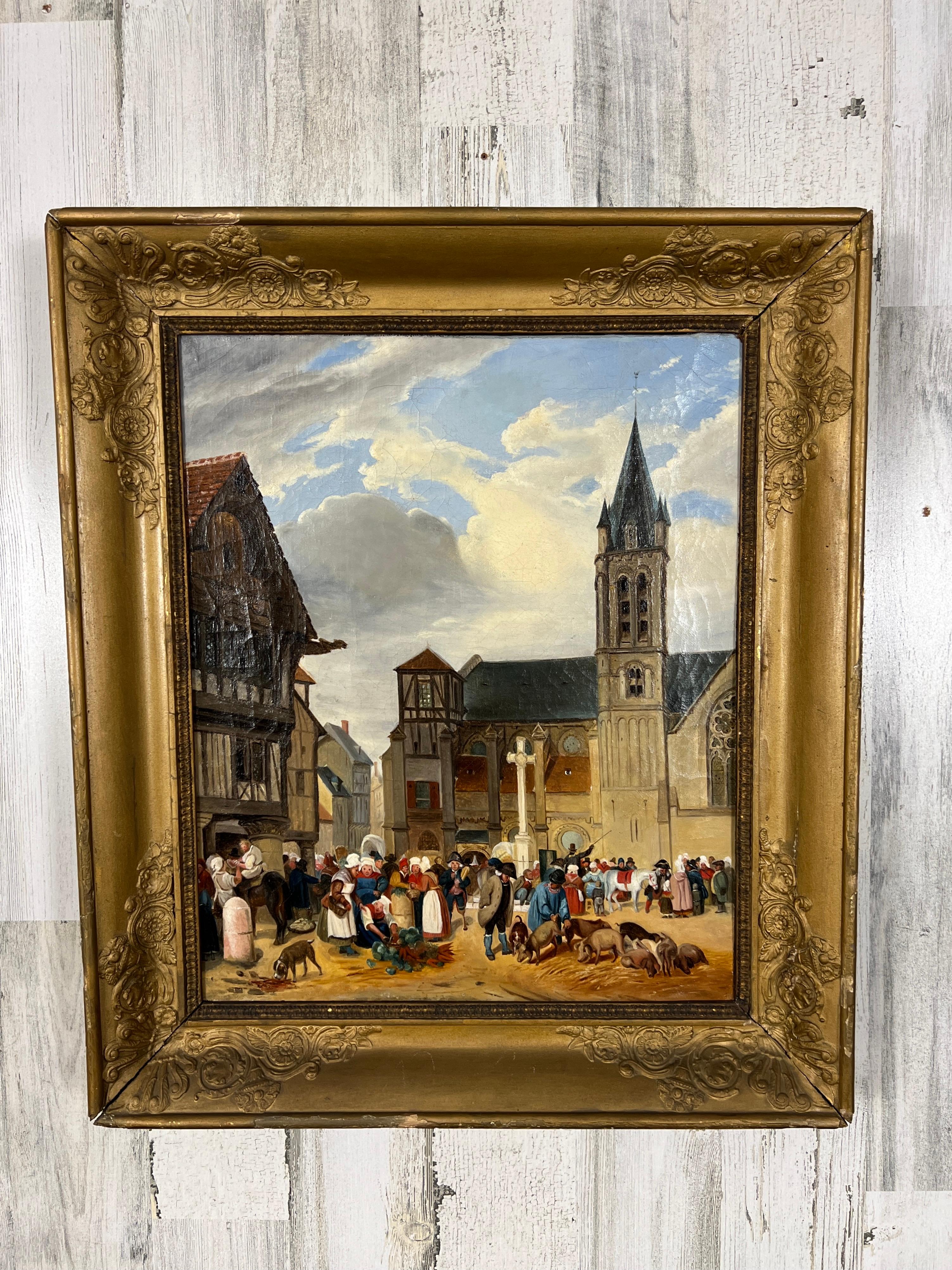 Provinzielles Öl auf Leinwand, das eine französische Marktszene mit Handelswaren im Stadtzentrum darstellt, um 1850.
 