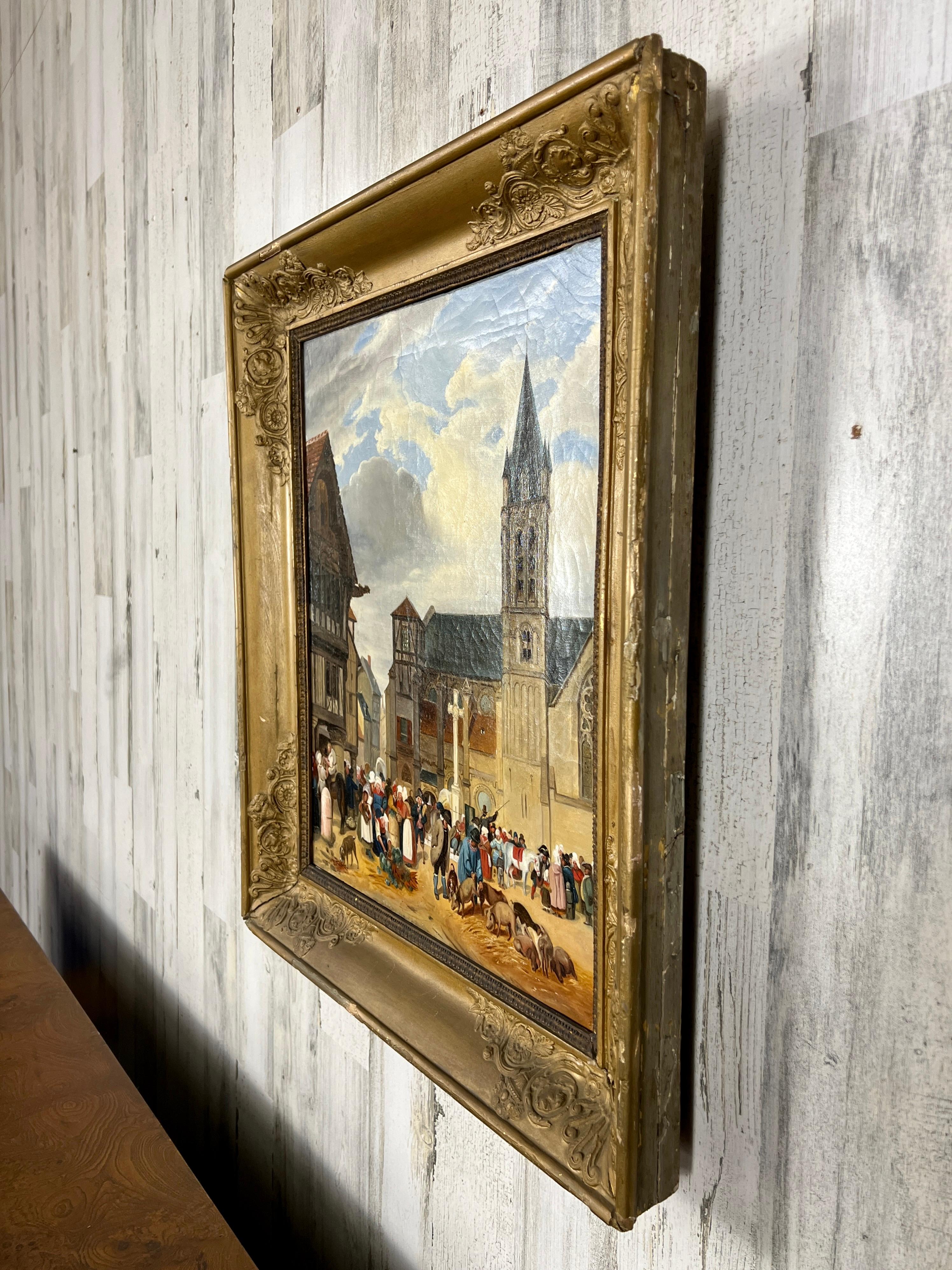 Hand-Painted 19th Century Market Scene Painting For Sale