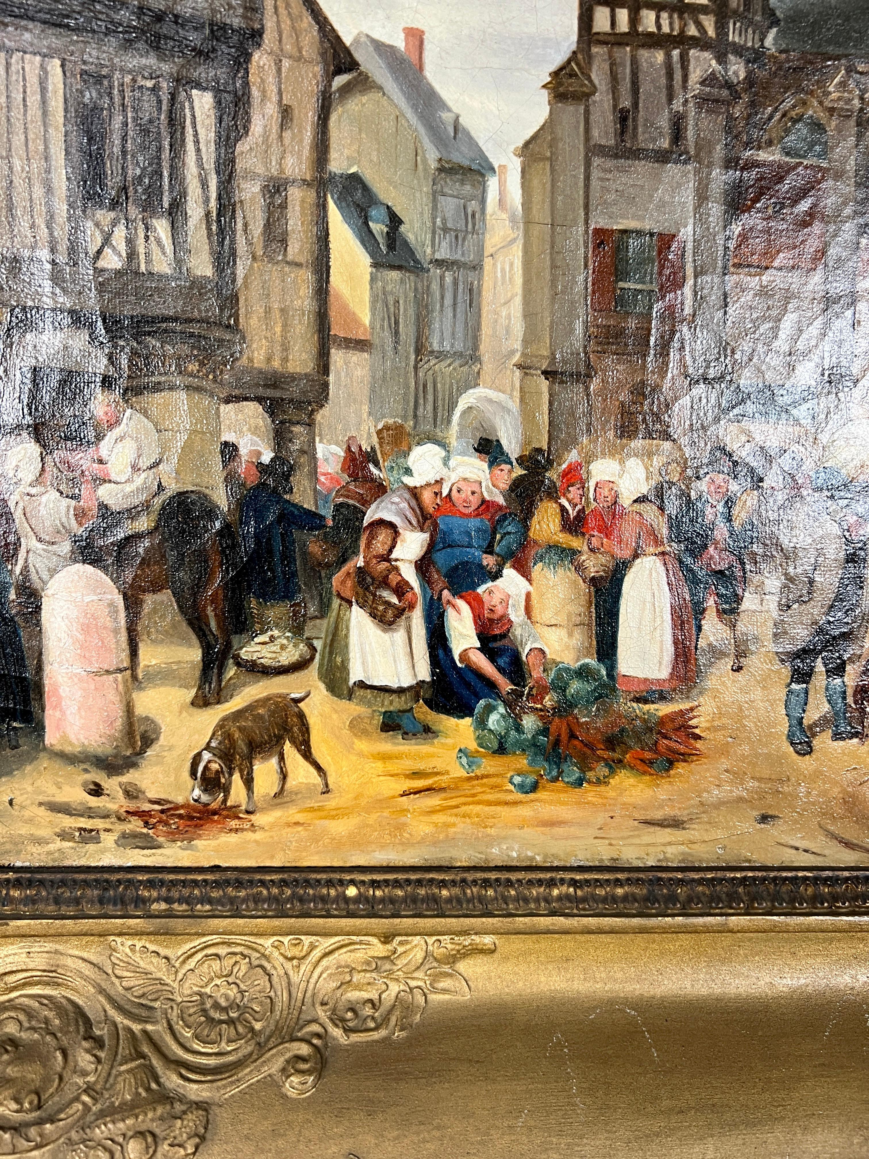 19th Century Market Scene Painting In Good Condition For Sale In Denton, TX