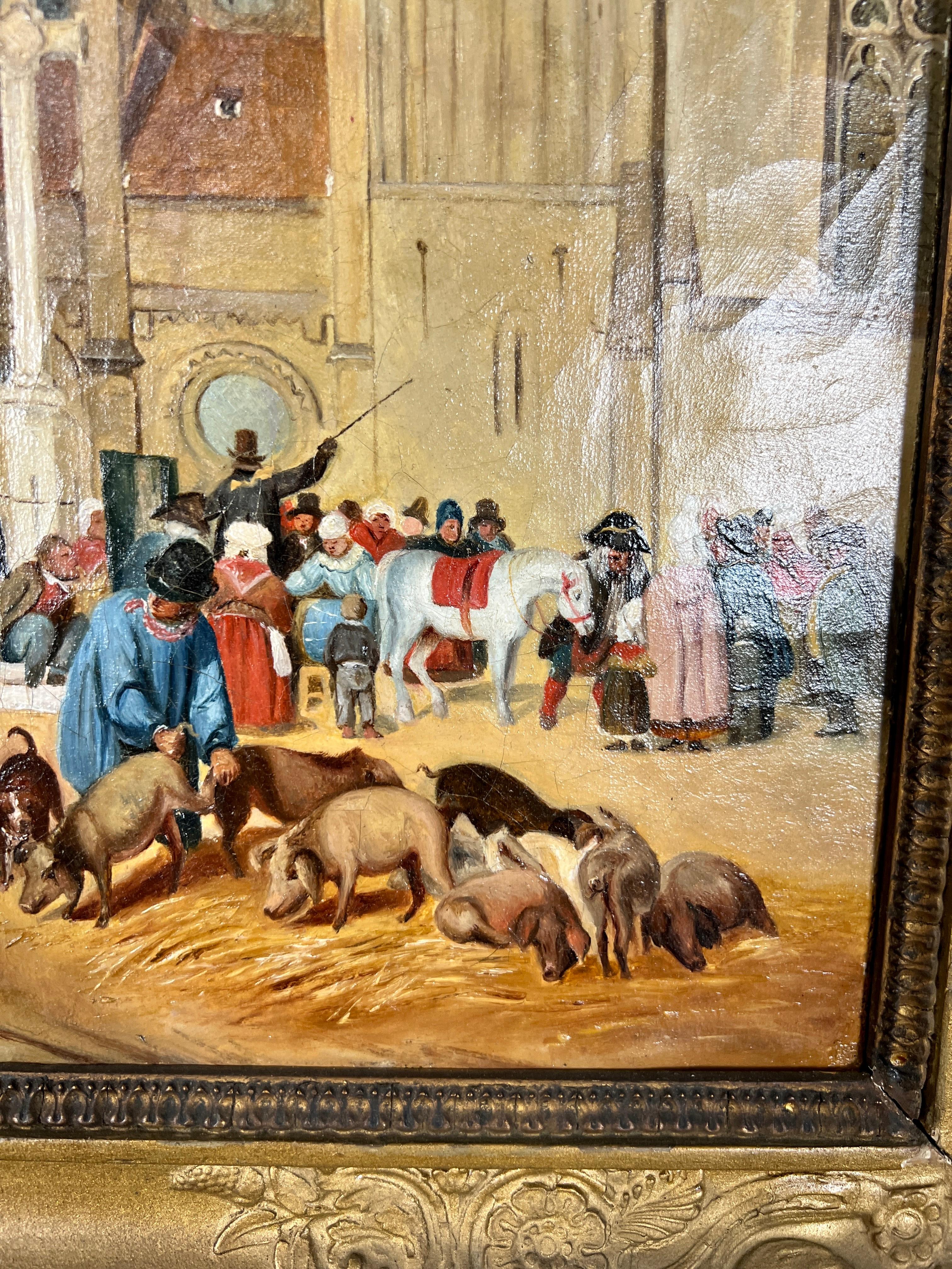 XIXe siècle Peinture de scène de marché du 19e siècle en vente