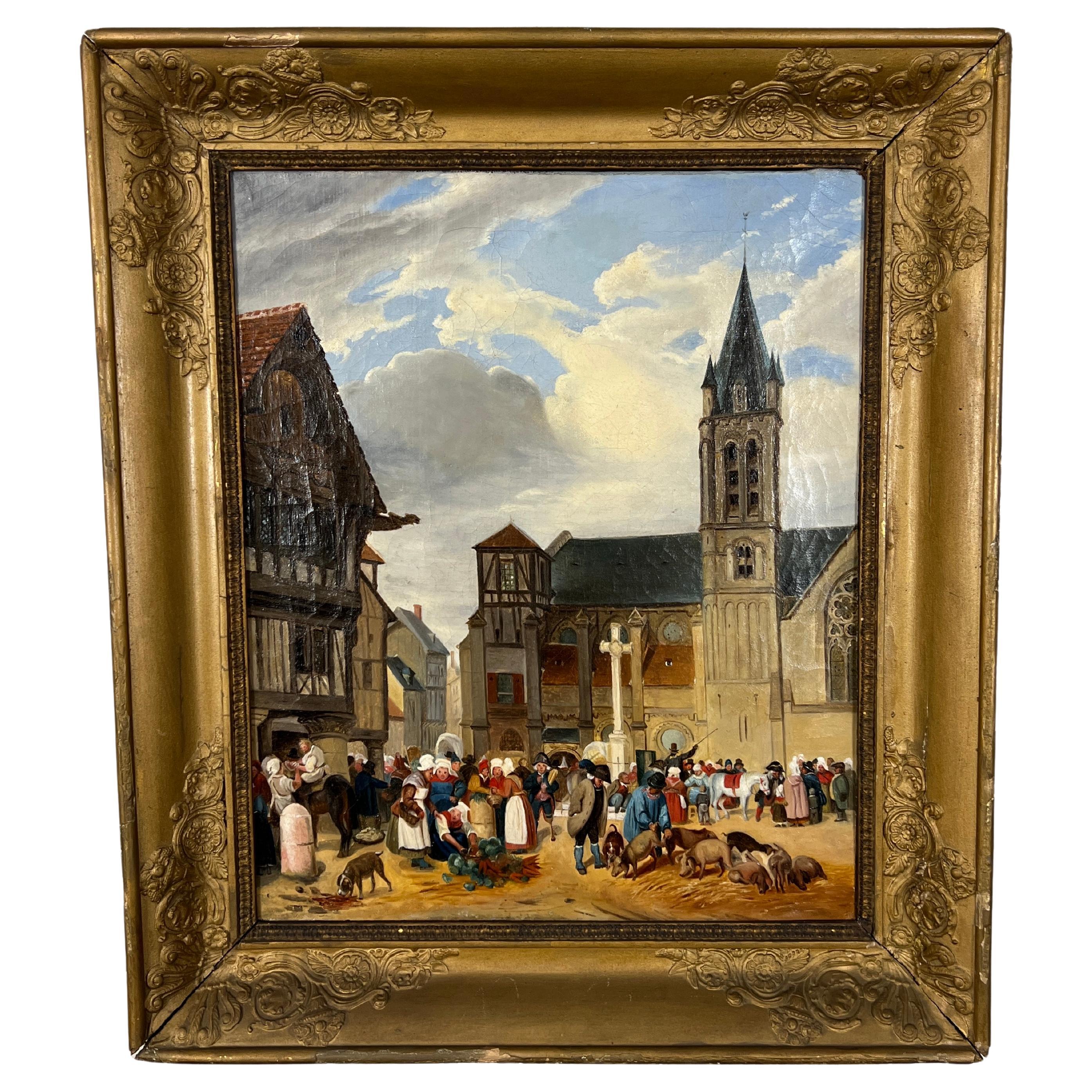 Peinture de scène de marché du 19e siècle en vente