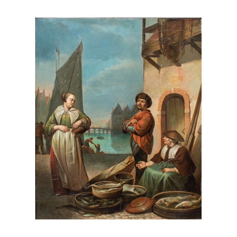 Kreis von Abraham van Strij (Holland, 1753 - 1826) 

Marktszene

Öl auf Kupfer, 45 x 36

Mit Rahmen 60 x 50 cm

Der lebendige Hafenalltag, der aus diesem Gemälde spricht, wird durch die sorgfältige Detailgenauigkeit erreicht, die der Maler