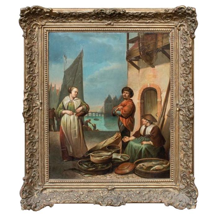 19th Century Market Scene Painting Oil on Copper